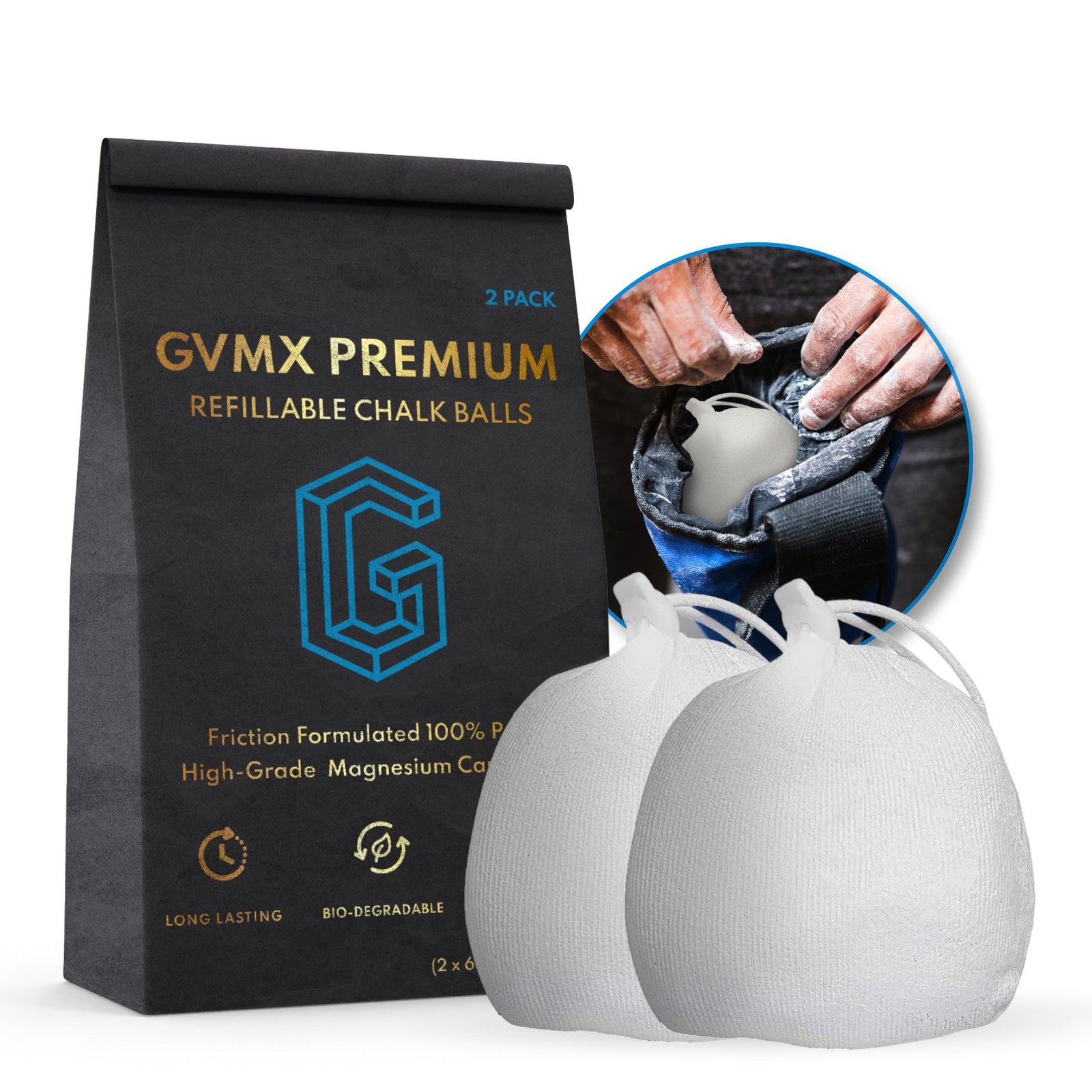 Premium Chalk Balls 130g  Refillable Sock for Weightlifting, Climbing,