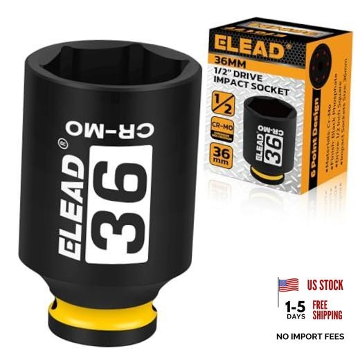 36mm Socket 1/2" Drive Deep Impact Socket, Metric 6 Point 1/2-inch 36mm Yellow