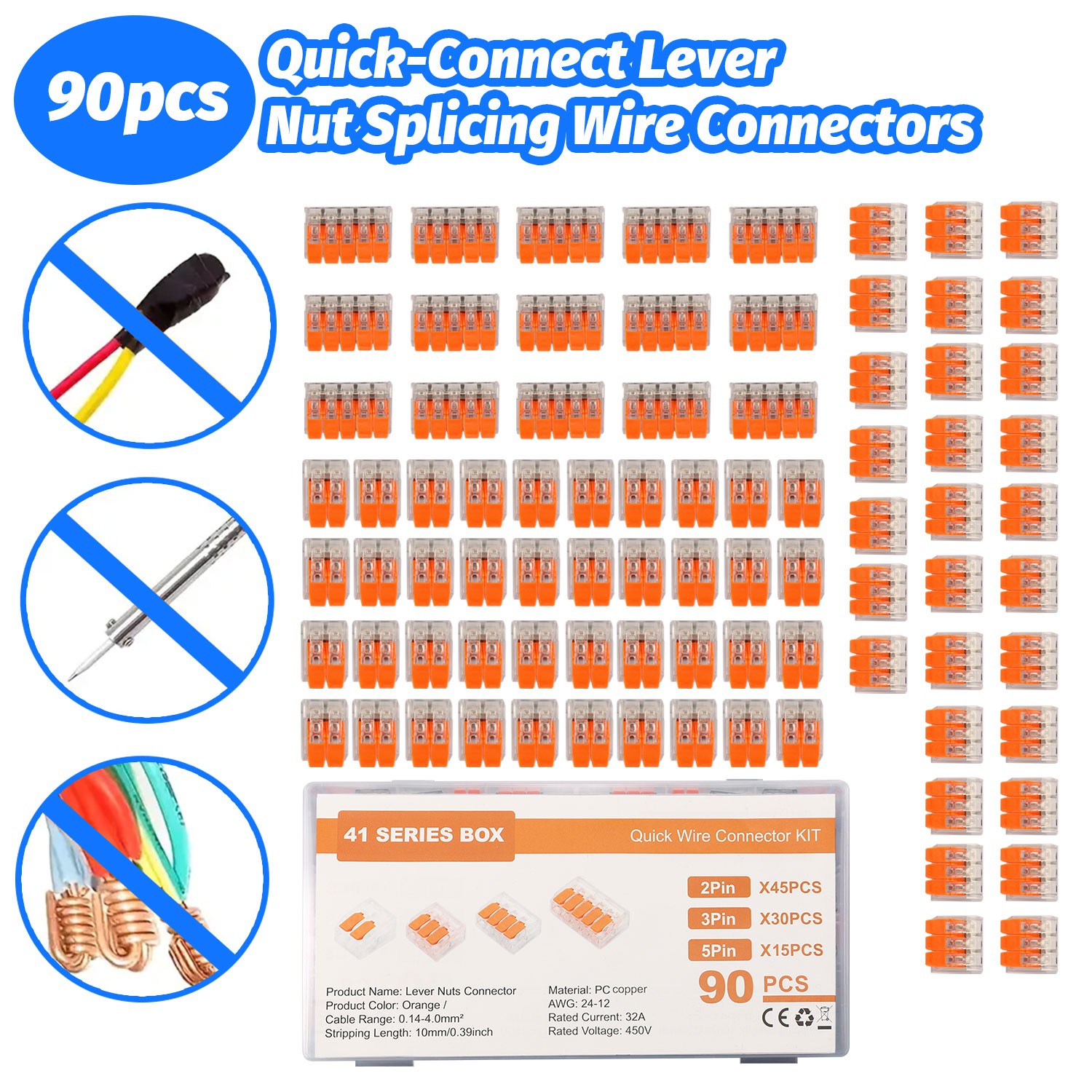 90Pcs For Wago 221 Lever Nuts Compact Splicing Wire Connectors - 2/3/5 Terminal