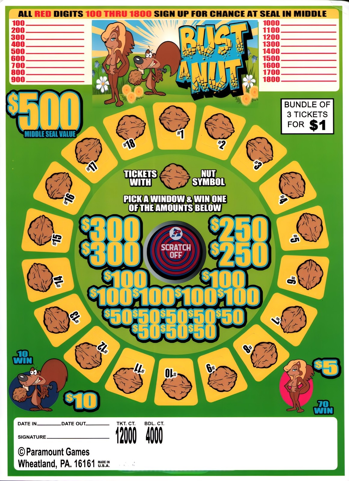 Pull Tab Tickets - Jar Tickets - Game - Pick Board - Holder - Bust A Nut