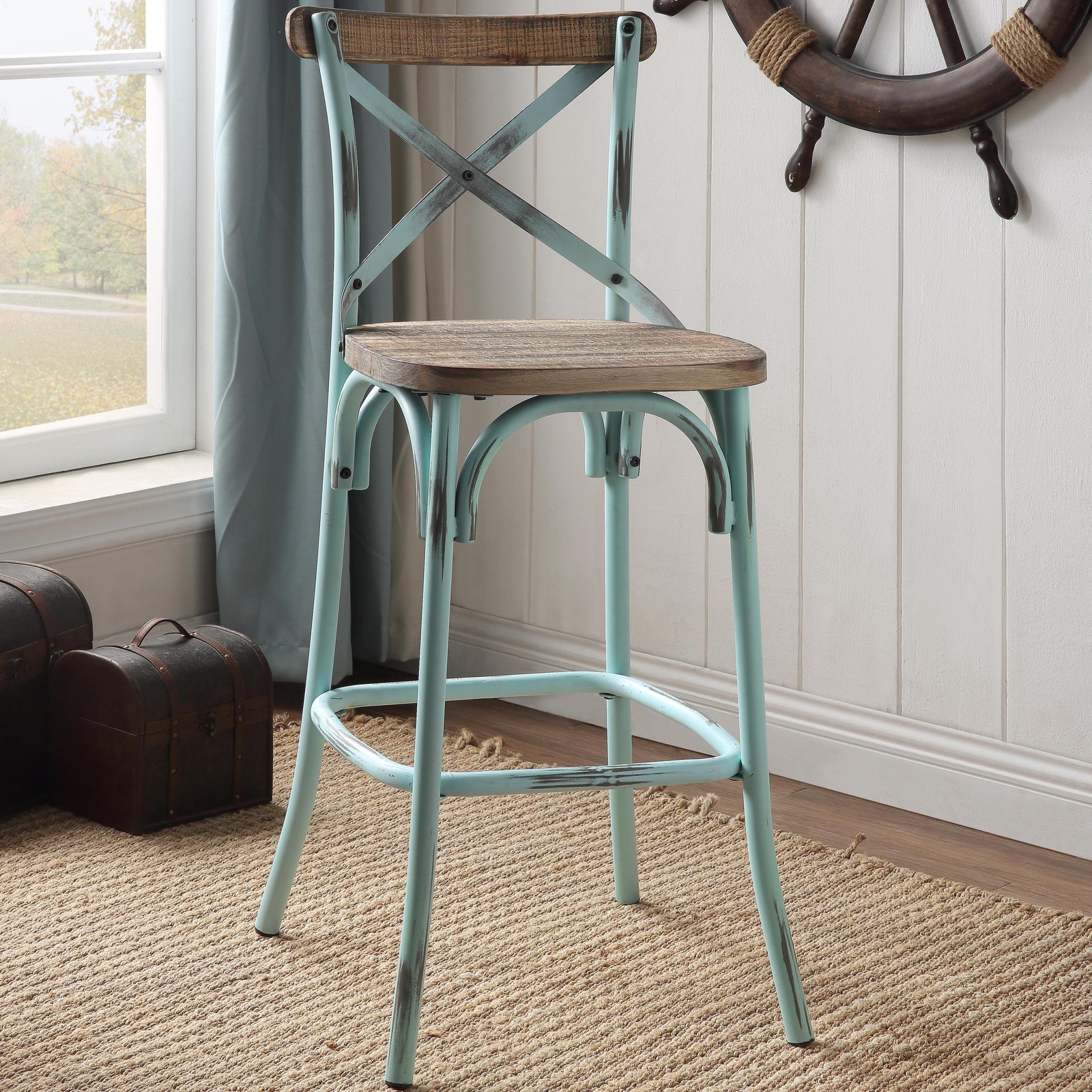 Antique Sky and Antique Oak Bar Stool with Cross Back - Vintage 30" Bar