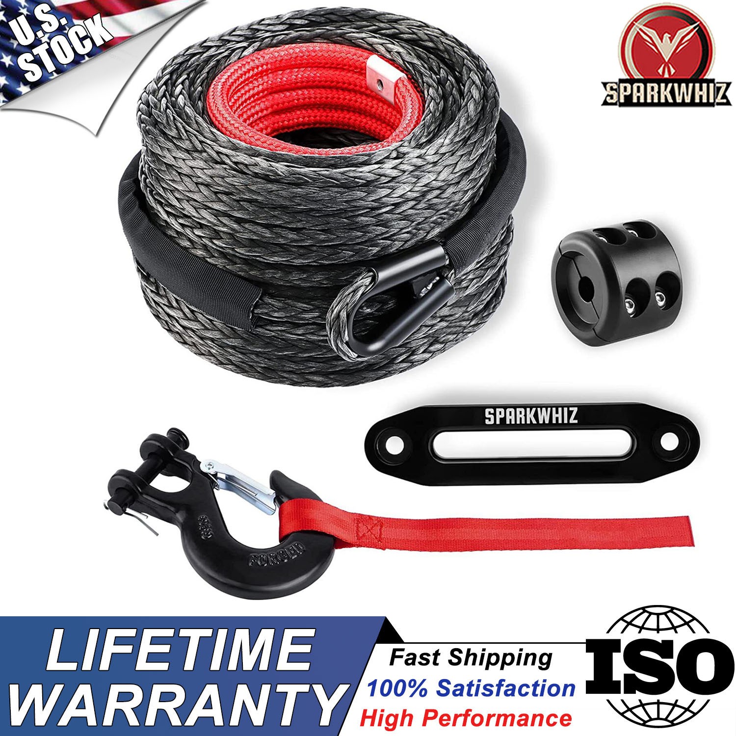 25000LBS 100FT Synthetic Winch Rope Winch Line Rope Cable w/ Steel Hook for 4WD