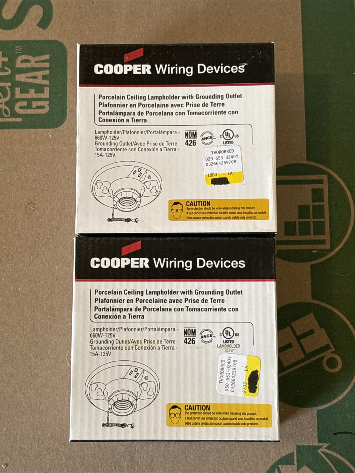 Cooper # 667 Ceiling Lamp Holder, Porcelain White with grounding Outlet lot of 2