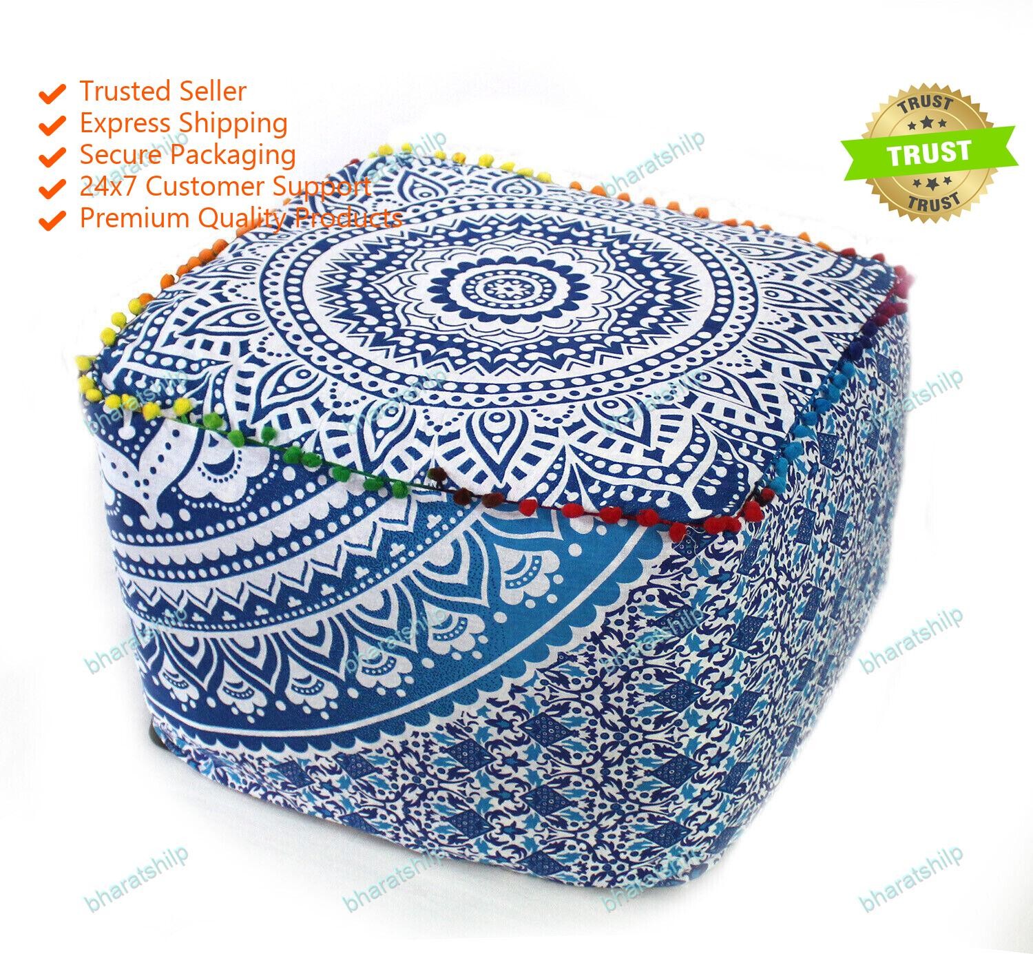 Handmade Cotton Indian 22" Inch Square Mandala Pouf Cover Ottoman