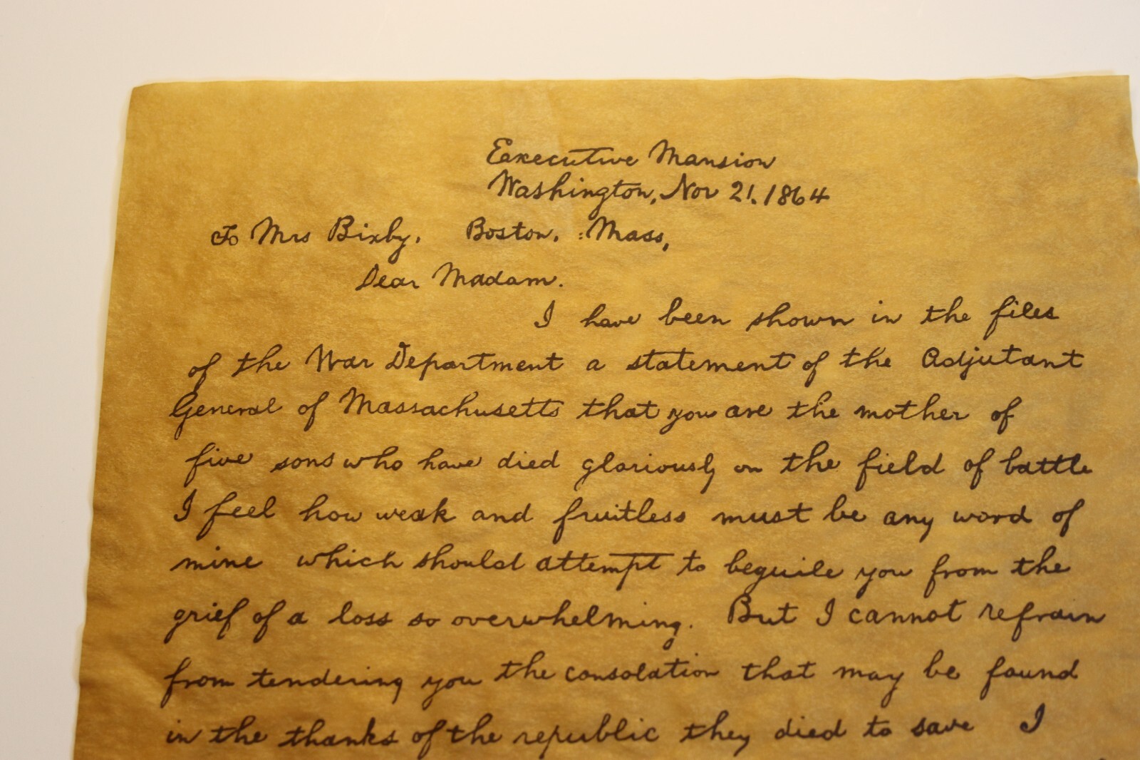 VTG Abe Lincoln's Letter Nov 21 1864 Mother of Five Sons Died Repro 1960s