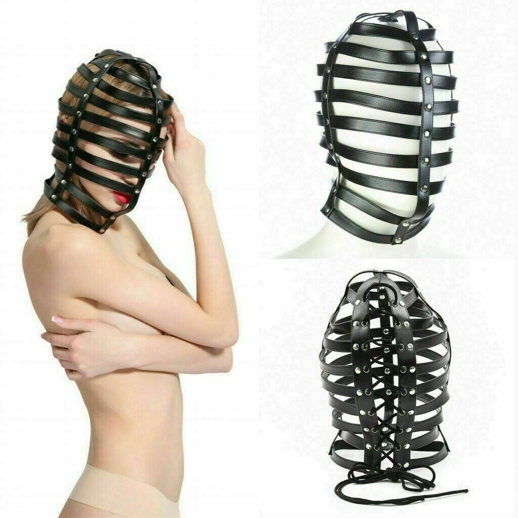Adult fetish PU Leather Hood Hollow Mask Headgear head Harness Halloween Cosplay