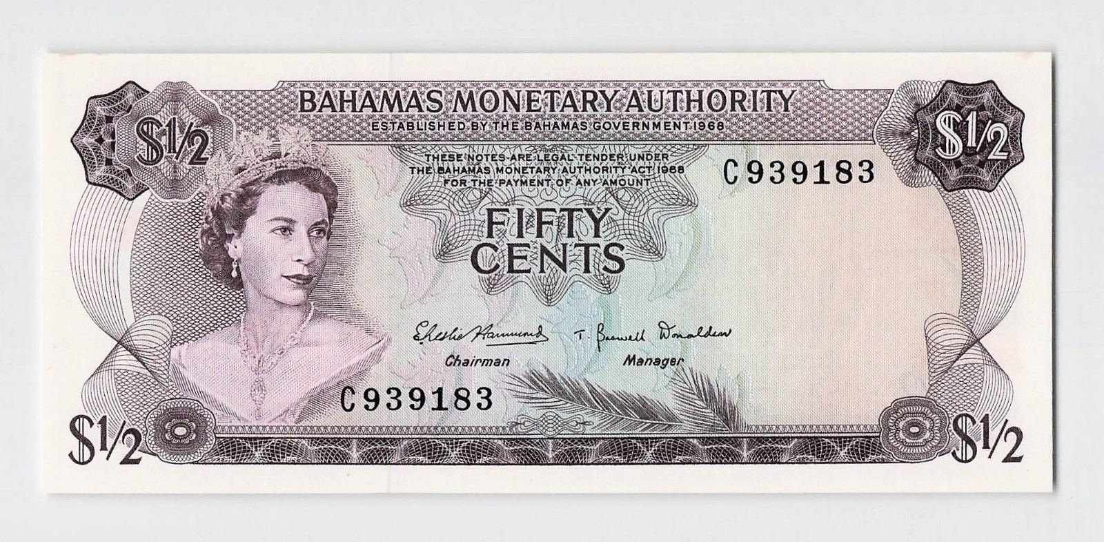Bahamas P-26a, 1968 Fifty Cents, Banknote.