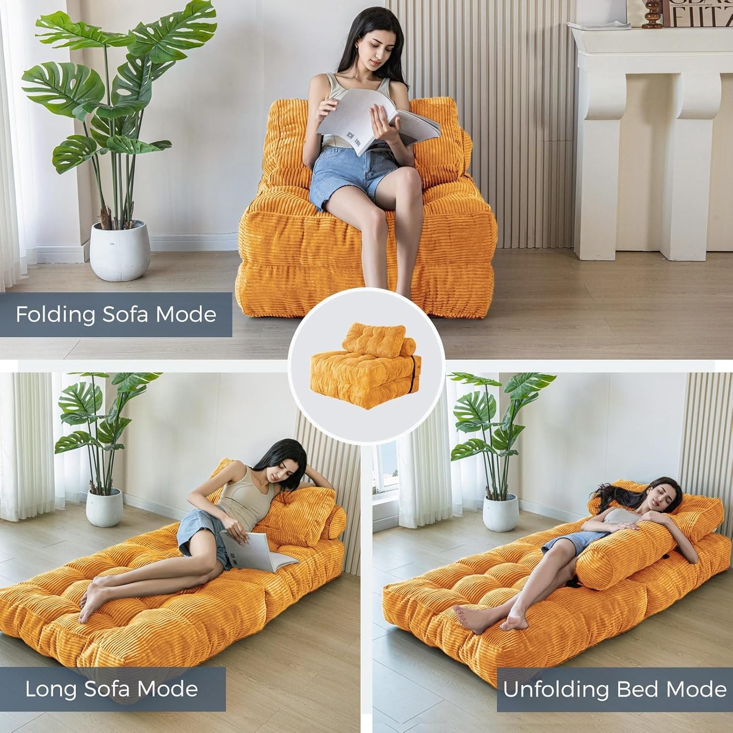 Convertible Sofa Bed Single Size Foldable Couch with Pillow Orange