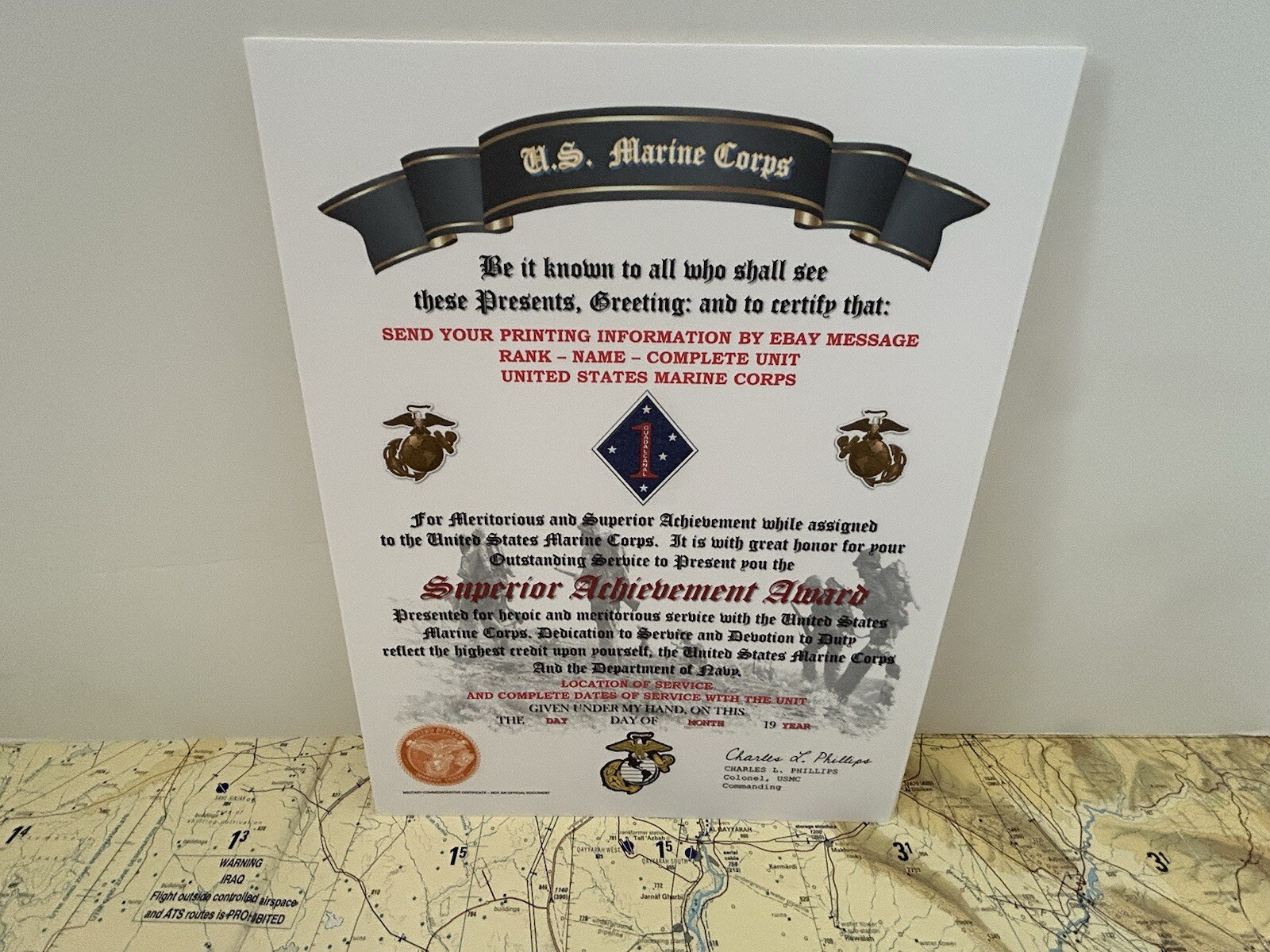 U.S.M.C. / SUPERIOR ACHIEVEMENT AWARD - 1ST MARINE DIVISION / CERTIFICATE