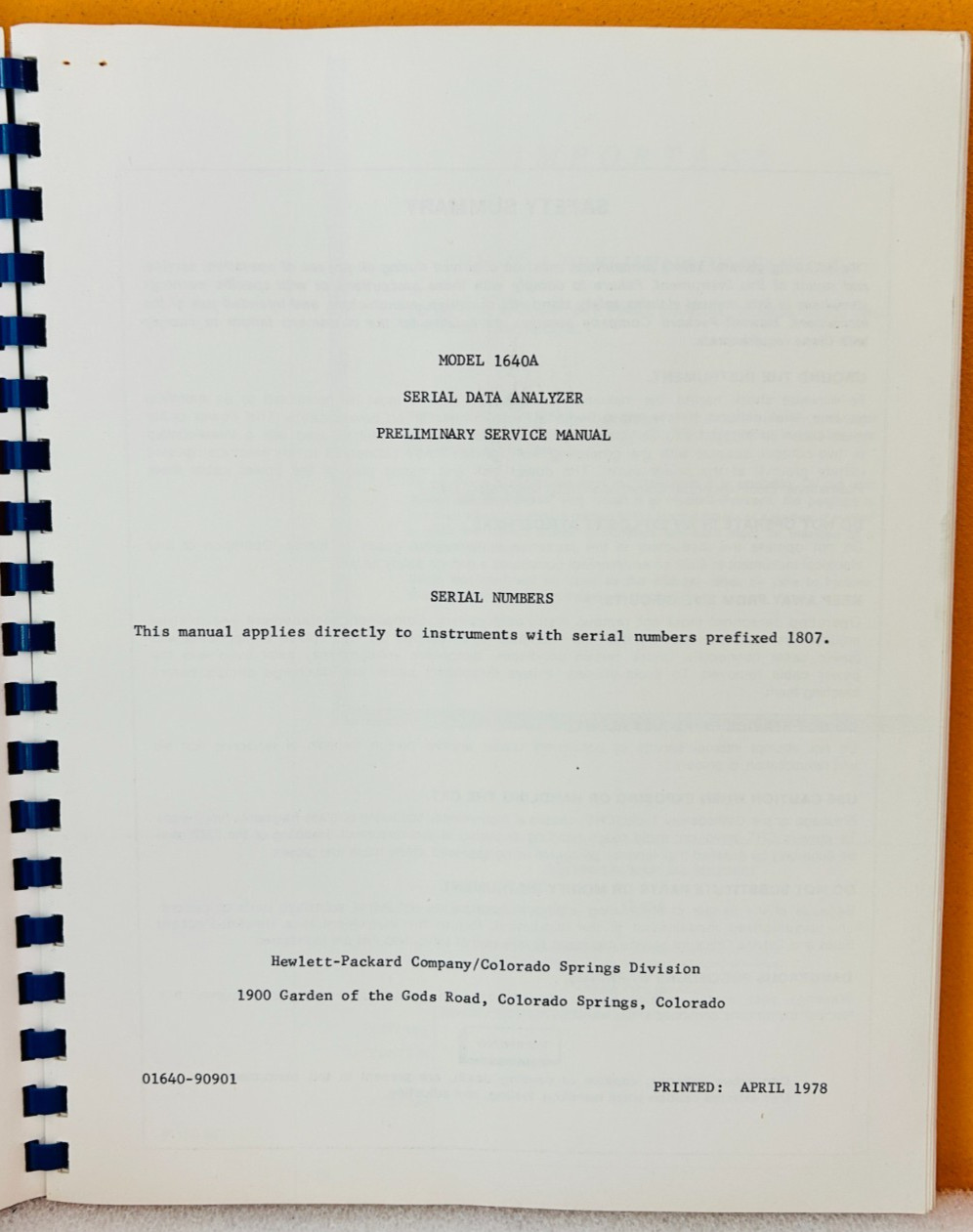 HP 01640-90901 1978 Model 1640A Serial Data Analyzer Preliminary Service Manual.