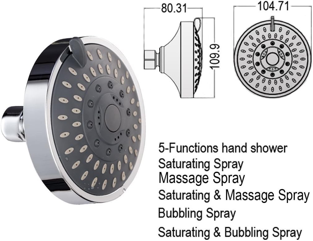 High Pressure Fixed Shower Head 5-Setting Rainfall Adjustable Wall Mount Chrome