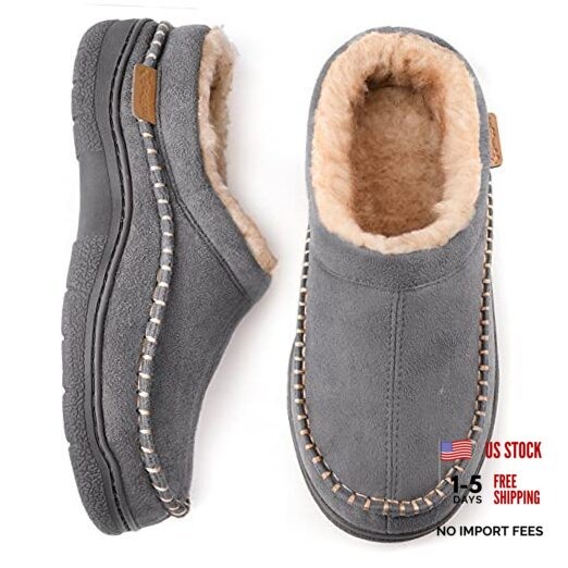 Men's Fuzzy Moccasin Slippers, Indoor/Outdoor Fluffy Slip On House 11-12 Grey