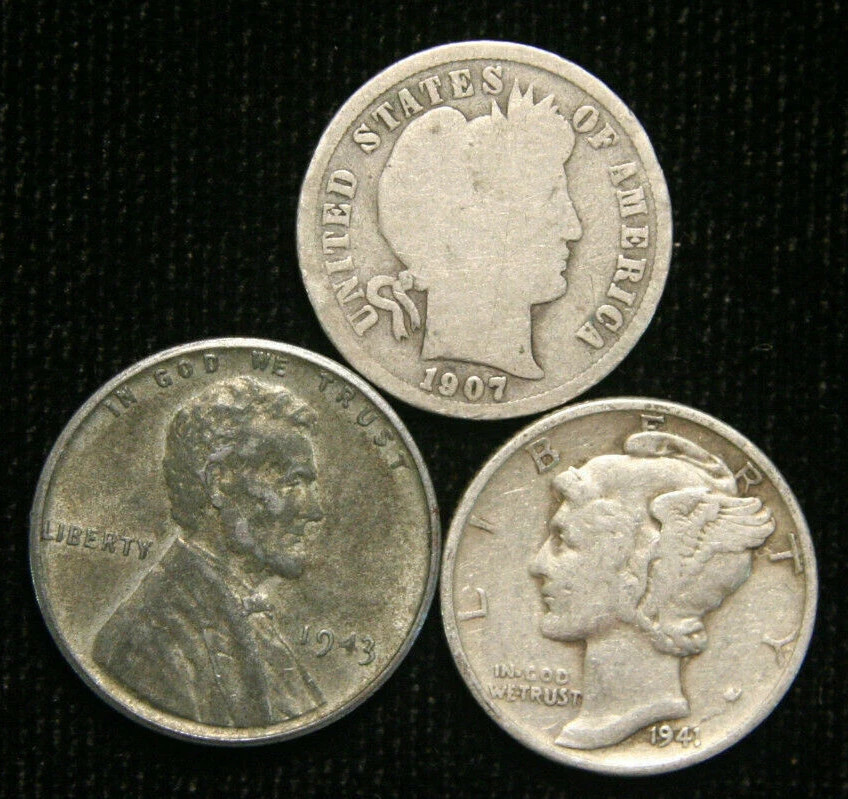 ✅ Old US Coin Estate Lot Barber Dime Steel Cent Mercury Dime 3 Coin Set