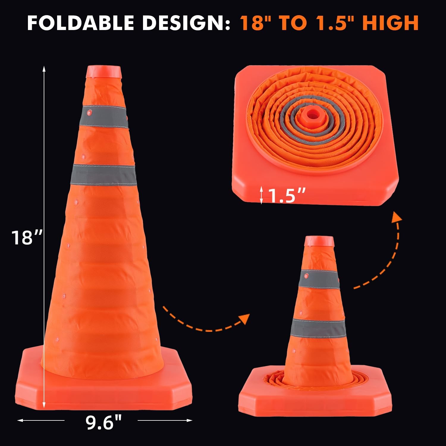 18''/28'' Multipurpose Collapsible Traffic Safety Cones with Reflective Strip