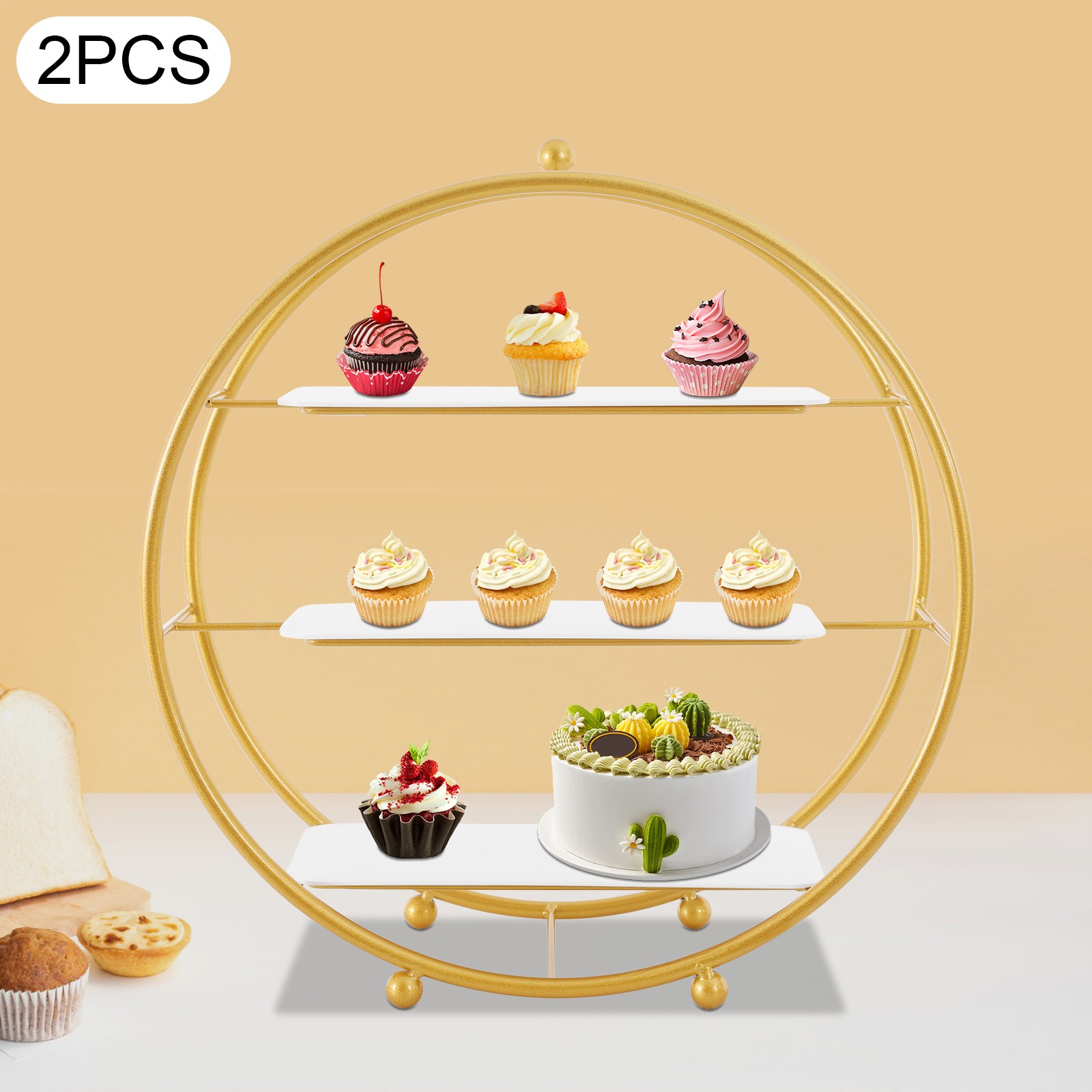 2 Pcs 3 Tier Gold Metal Tiered Cupcake Stand Circle Cupcake Holder Stand