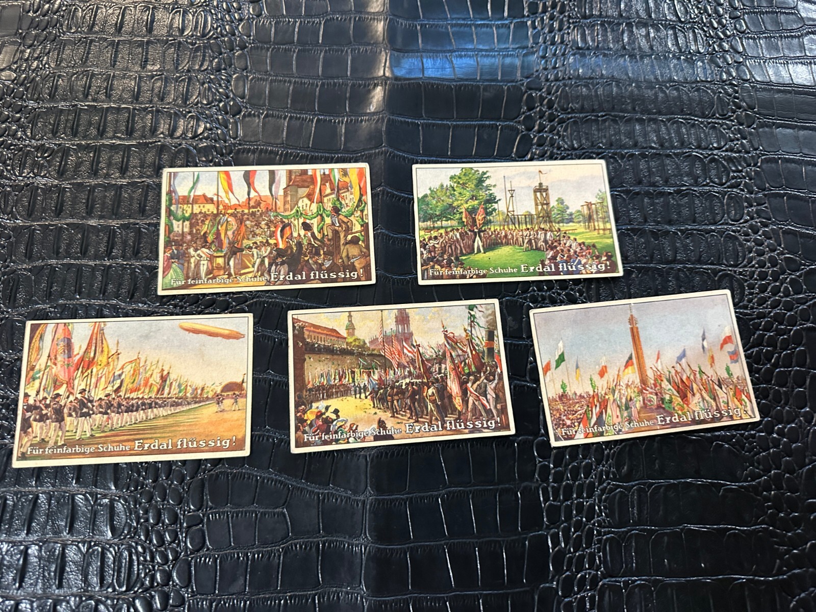1930s Erdal Kwak advertising cards SKIING - ZEPPELIN etc LOT of 12 (M8133)