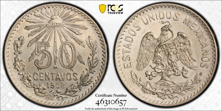 1908 Mo PCGS AU58 - MEXICO - Fifty Centavos 50c Coin #46033A