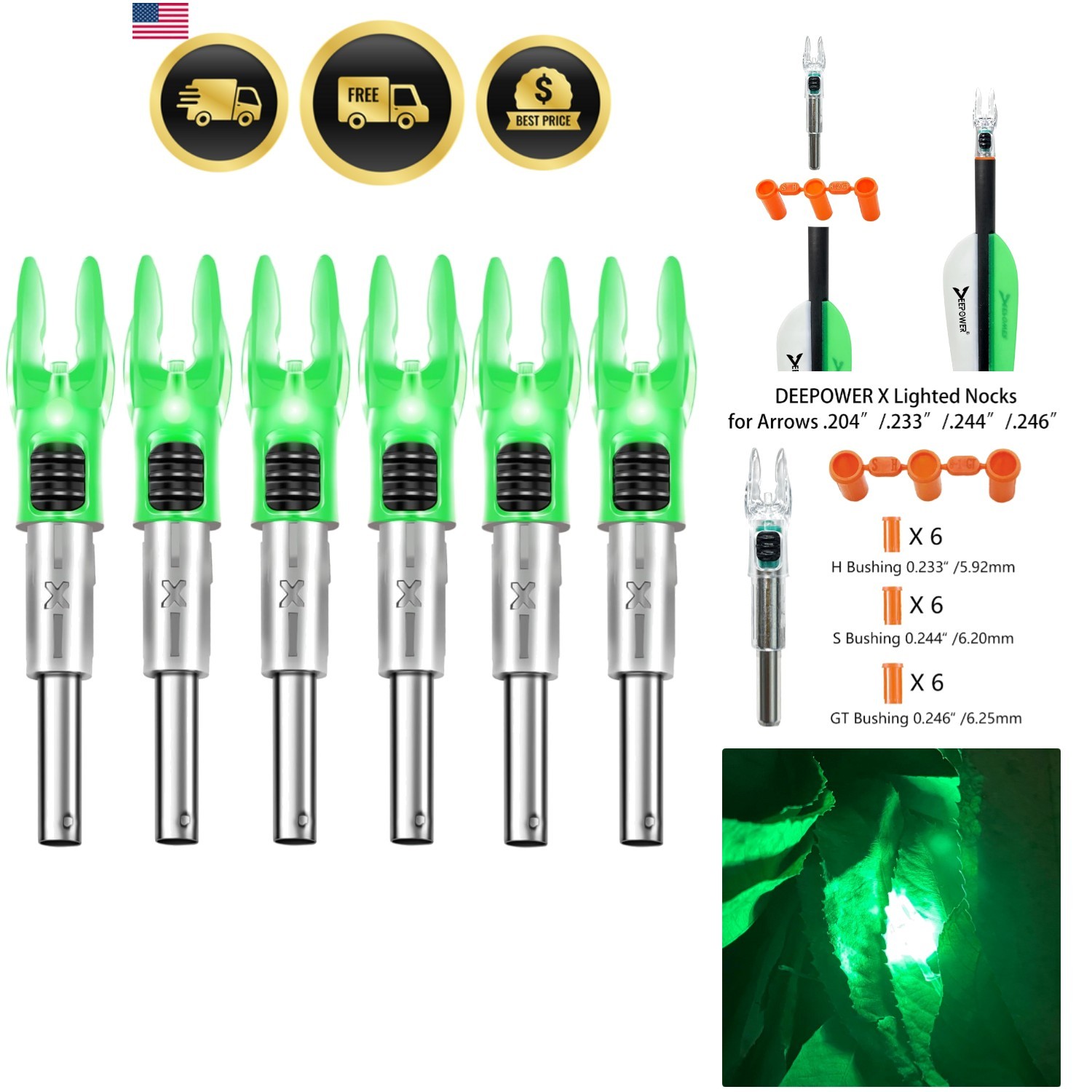 Lighted Arrow Nocks for .204/.233/.244/.246 Arrows 6 Pack High Visibility