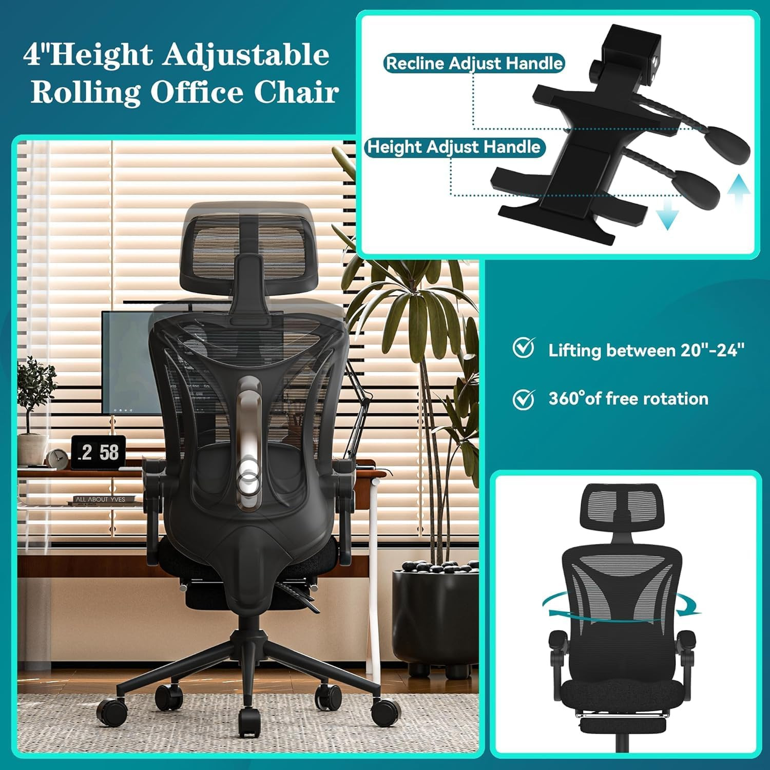 Ergonomic Office Chair with Footrest - Adjustable Lumbar Support & Headrest, 90-