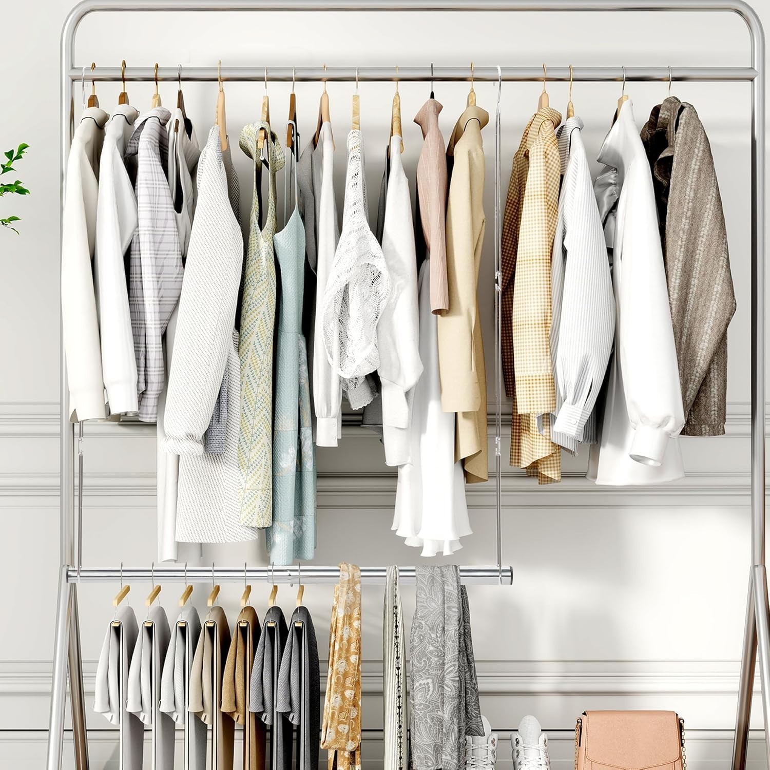 Adjustable Chrome Hanging Closet Rod - Space-Saving Organizer for Versatile Use