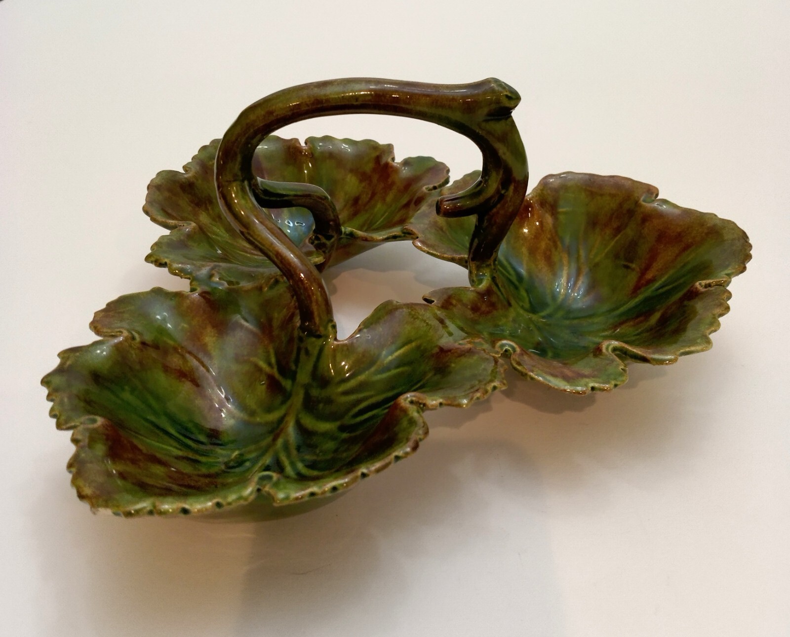 Vintage Hand painted MCM/Retro Handled 3-Leaf Candy Nut Dish, Green/Brown