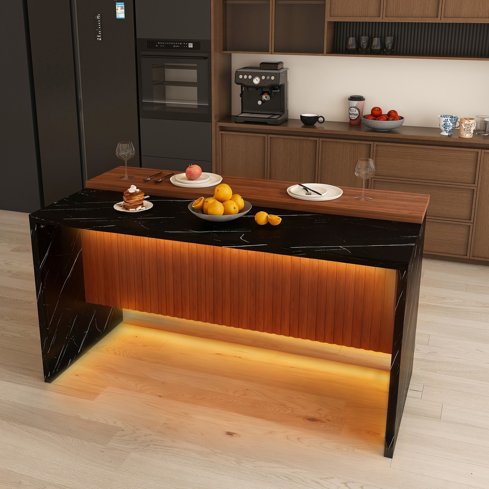 63'' Kitchen Island Marble Look LED Lights Modern Dining Table Black