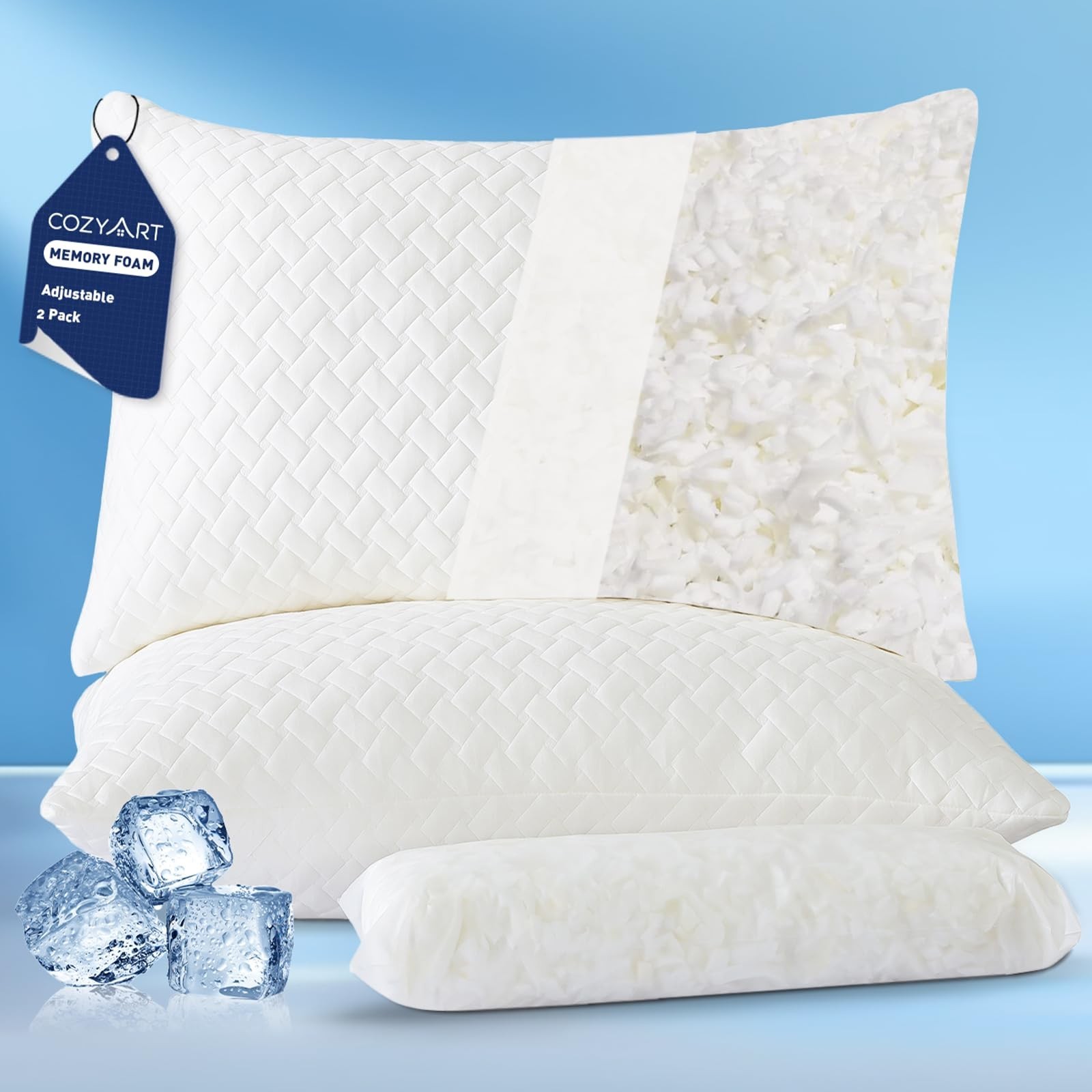 COZYART Shredded Memory Foam Pillows Queen Size Set of 2, Cooling Breathable ...