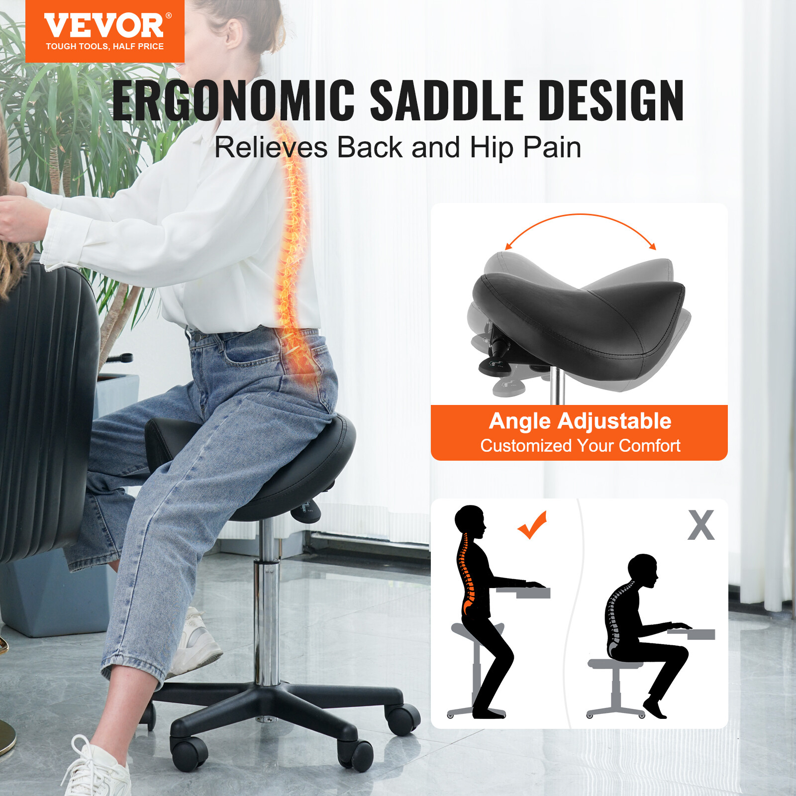 VEVOR Saddle Stool Rolling Chair Saddle Chair with Wheels Thickened PU Leather