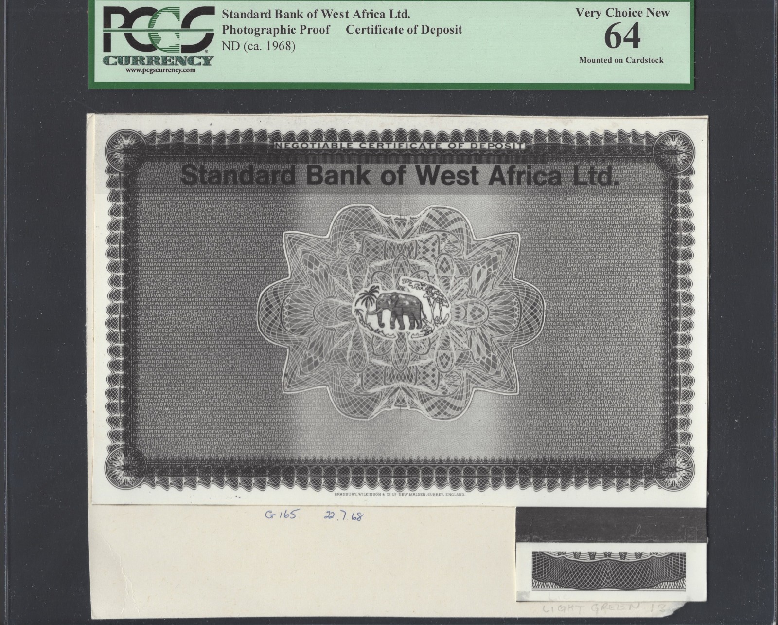 British West Africa - Certificate of Deposit ND (ca.1968) Photographic Proof UNC