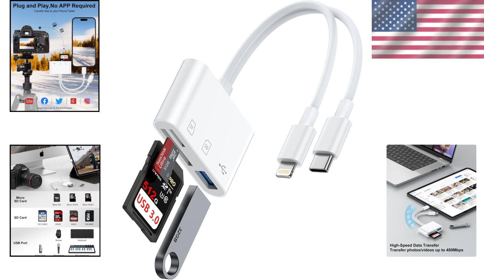 Versatile USB-C & Lightning SD Card Reader with Quick Transfer for All Devices