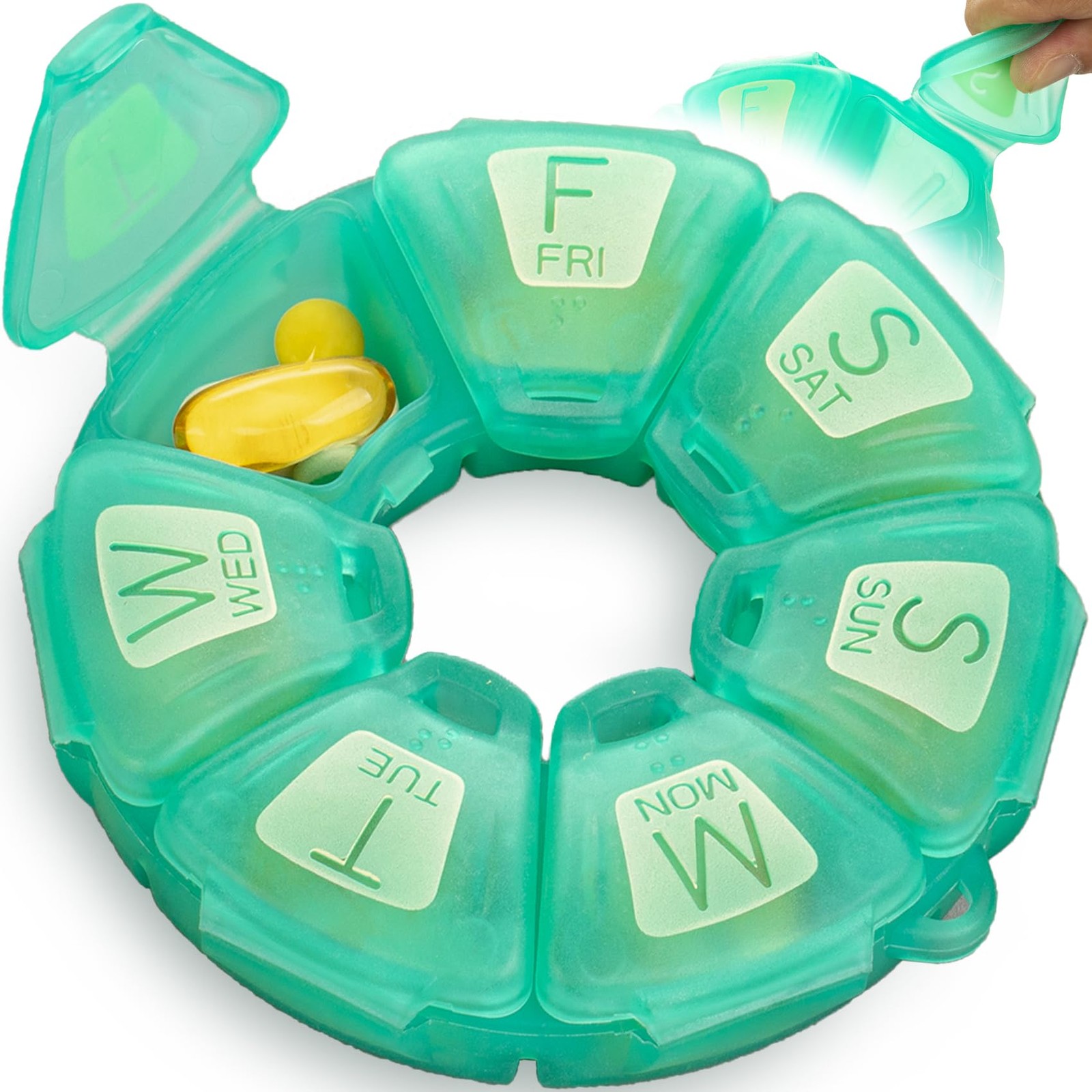 Round Weekly Pill Organizer, TPU Rubberized, Travel Container 7 Green