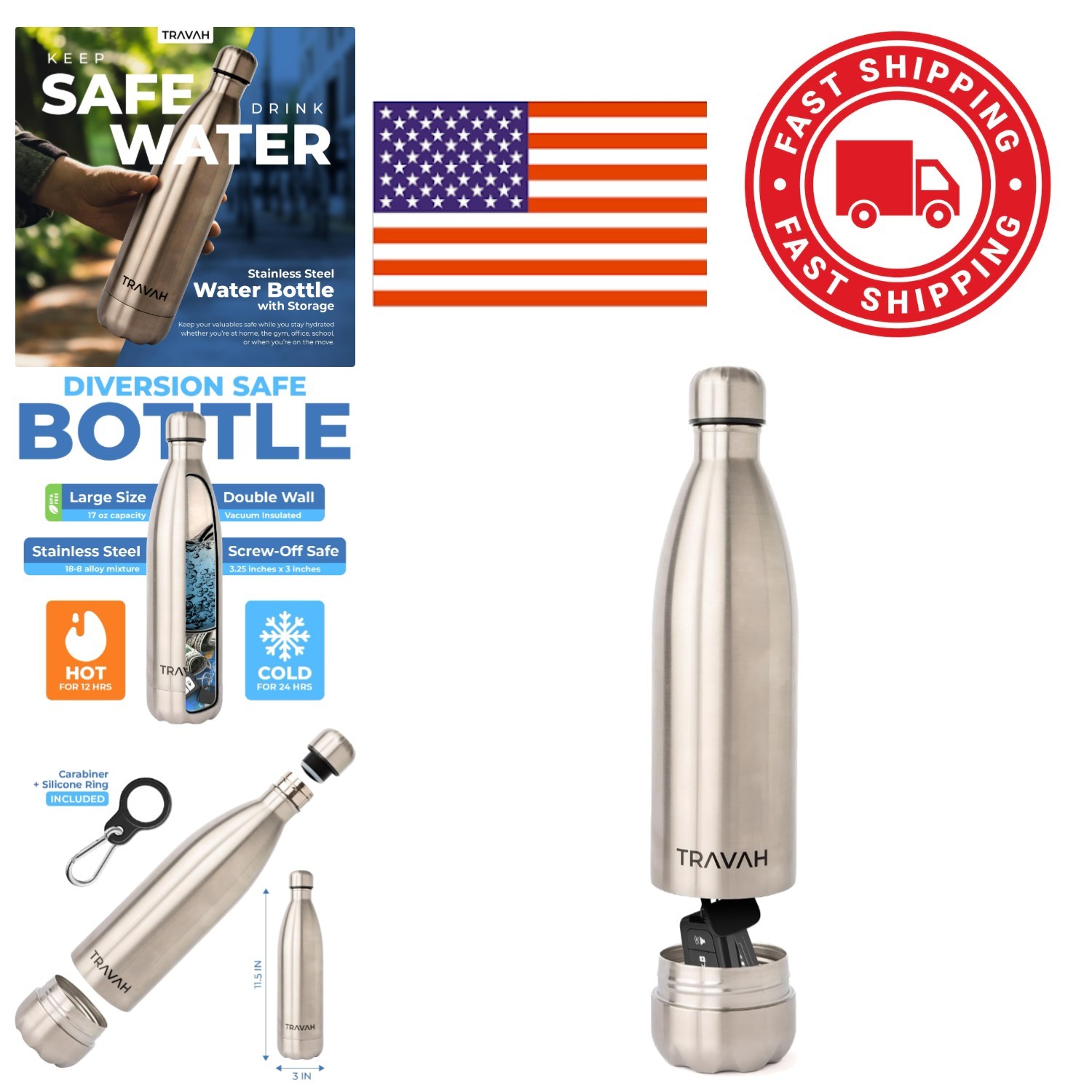 Versatile Stainless Steel Tumbler 17oz with Hidden Compartment and Carabiner
