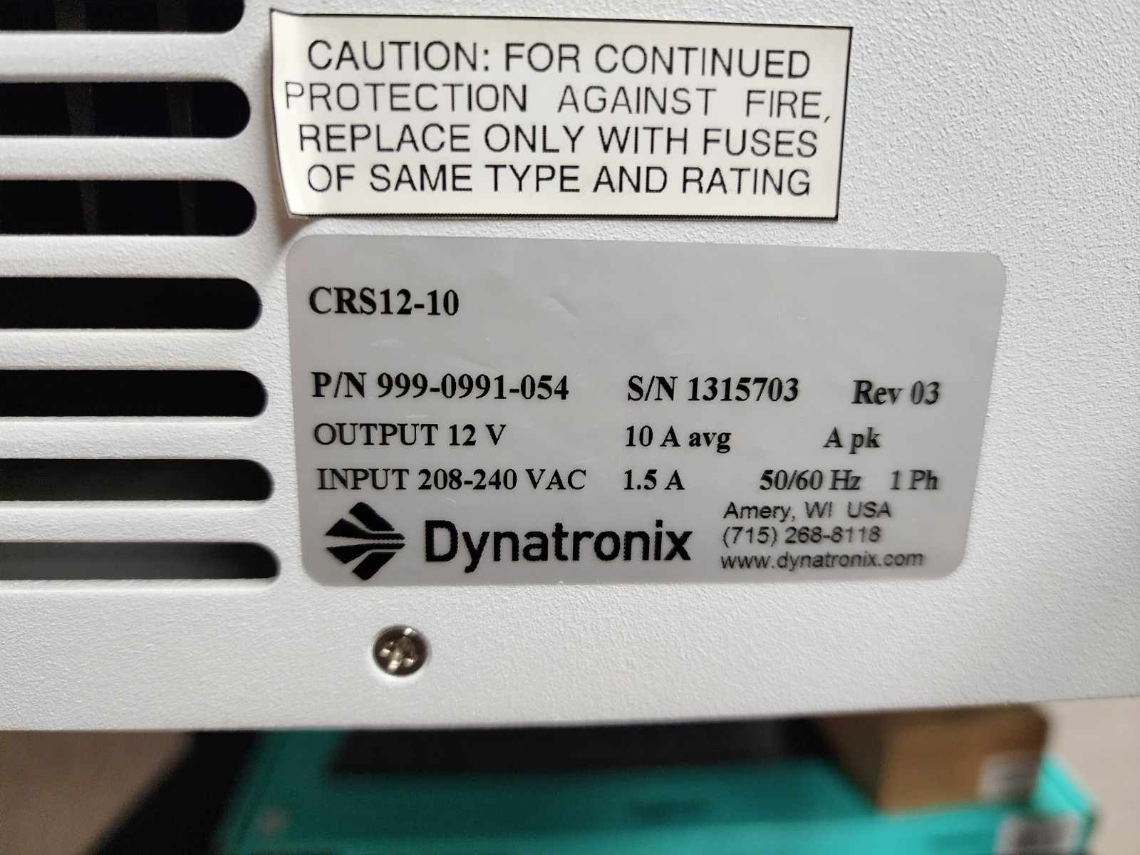Dynatronix CRS12-10 DC Power Supply, Output 12V 10A