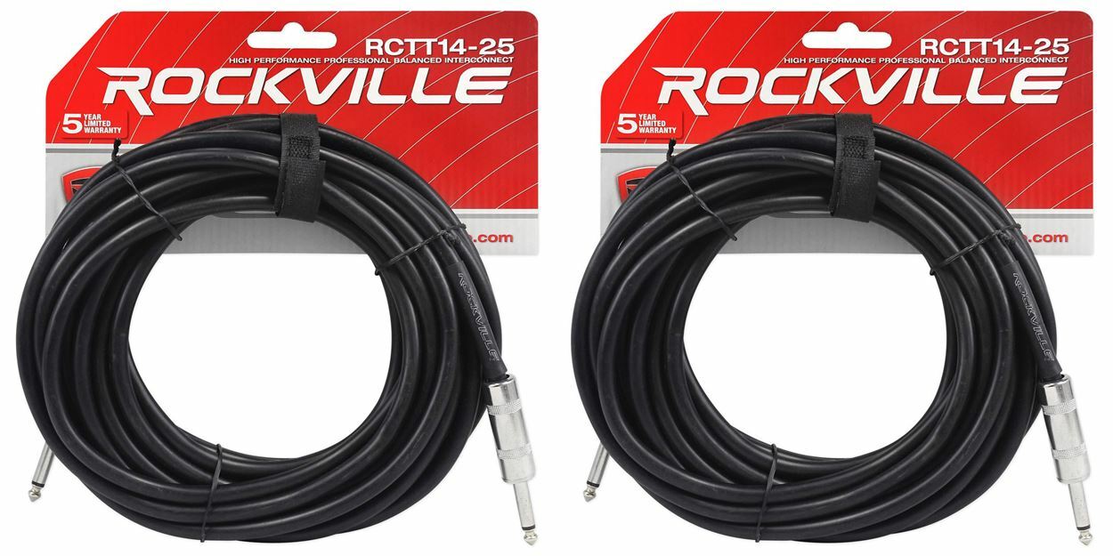 2 Rockville RCTT1425 25' 14 AWG 1/4" TS to 1/4" TS Pro Speaker Cable 100% Copper