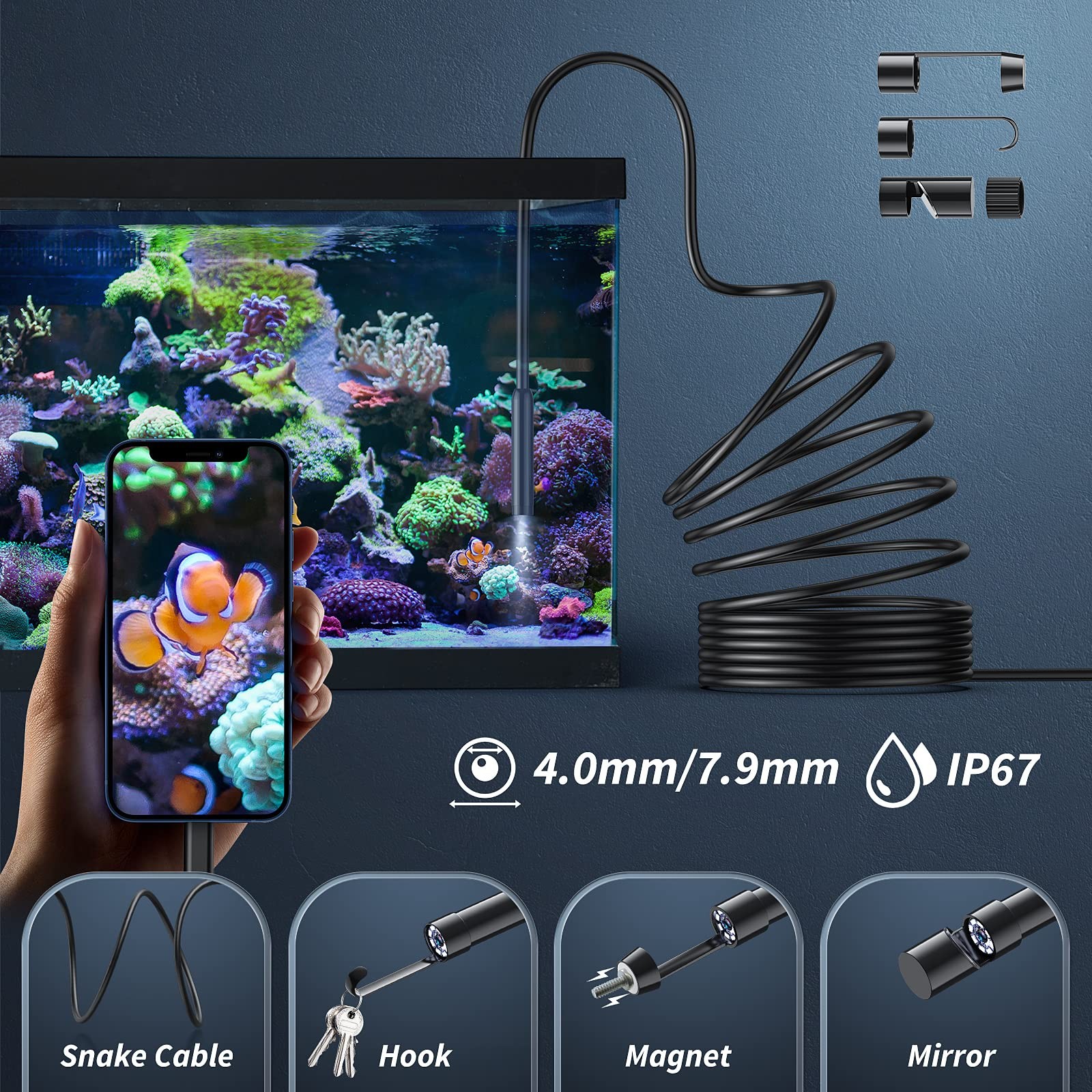Endoscope Camera with Light, 1920P HD Borescope Tools with 8 Adjustable LED