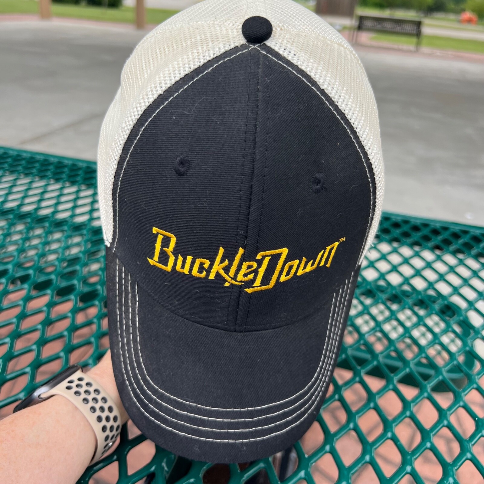 Buckle Down in Gold Script on Black Trucker Hat Cap w White Snapback Brewery EUC