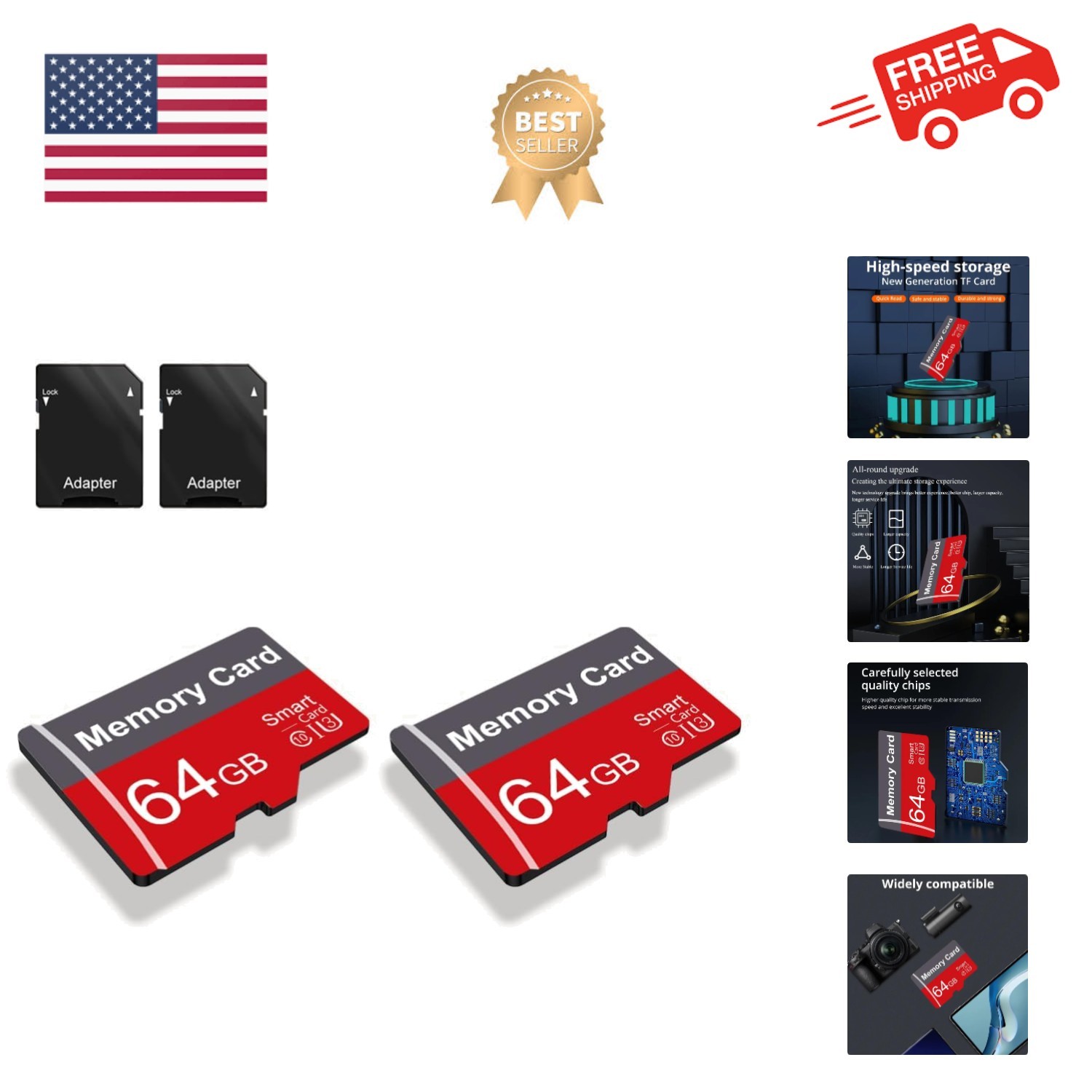 2 Pack Memory Card 64GB with Adapter, High Speed TF Card, UHS-I C10 A1 Memory...