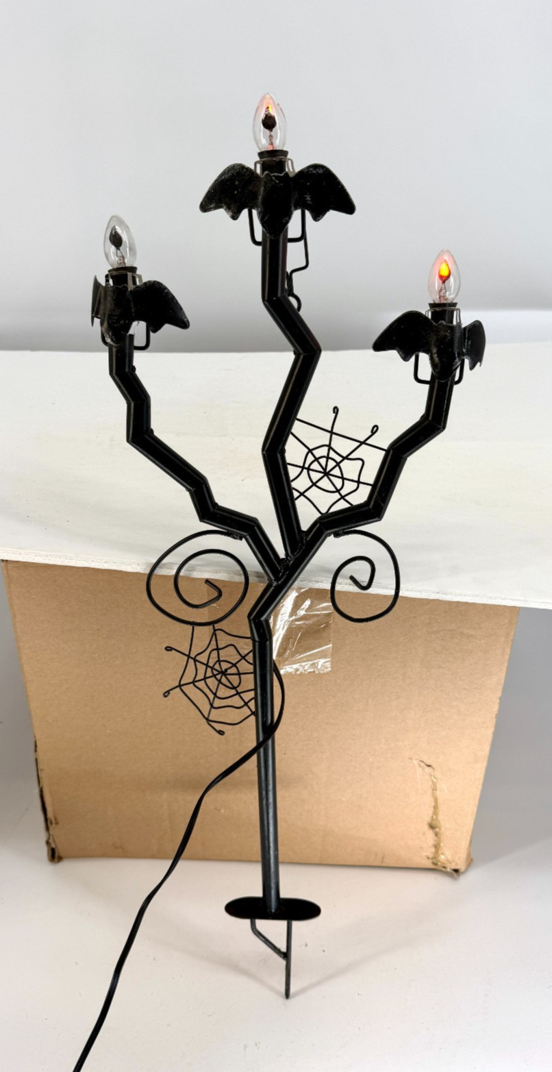 Vintage Halloween Metal Candelabra 31" Spiderweb Bat Lights Outdoor Decor