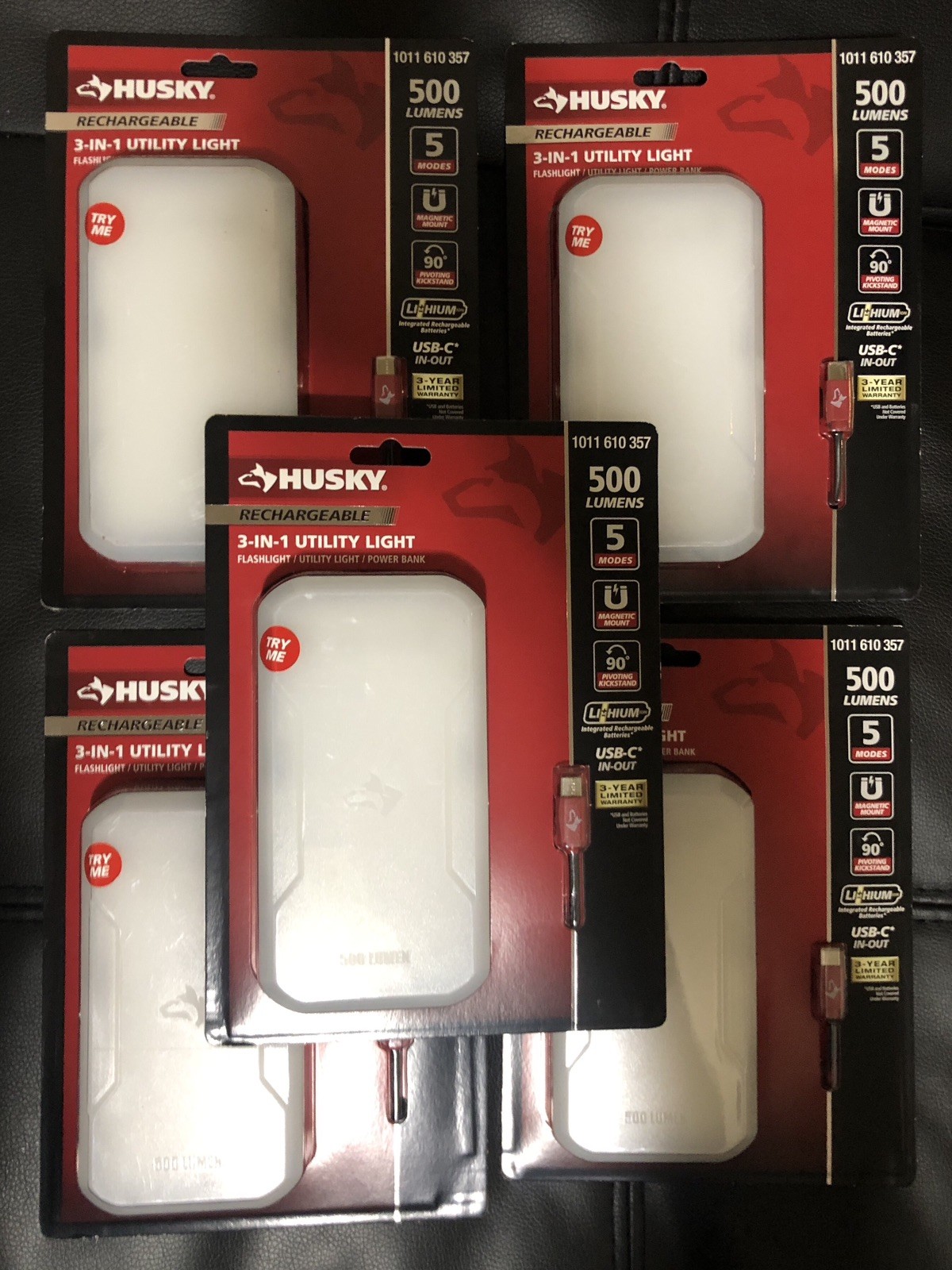 Lot 5 Husky Rechargeable 3-in-1 LED Utility Light 500 Lumens