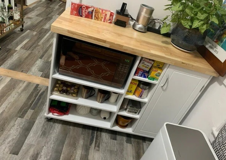 Rolling Microwave Storage Cart Utility Cabinet Coffee Station Kitchen White Wood
