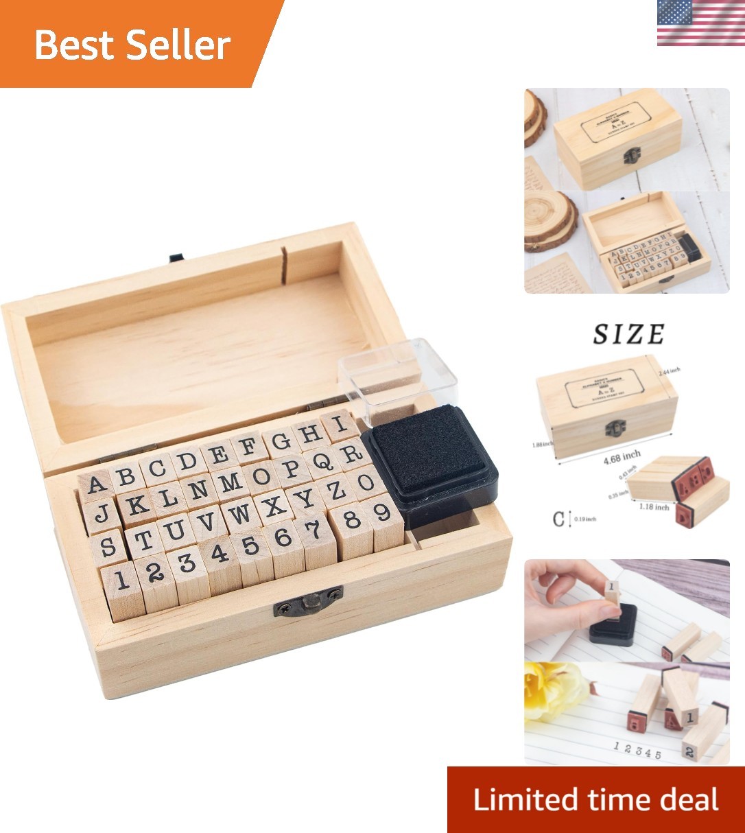 36 Pcs Small Wooden Rubber Stamps, Wooden Box Multipurpose Number Alphabet Le...