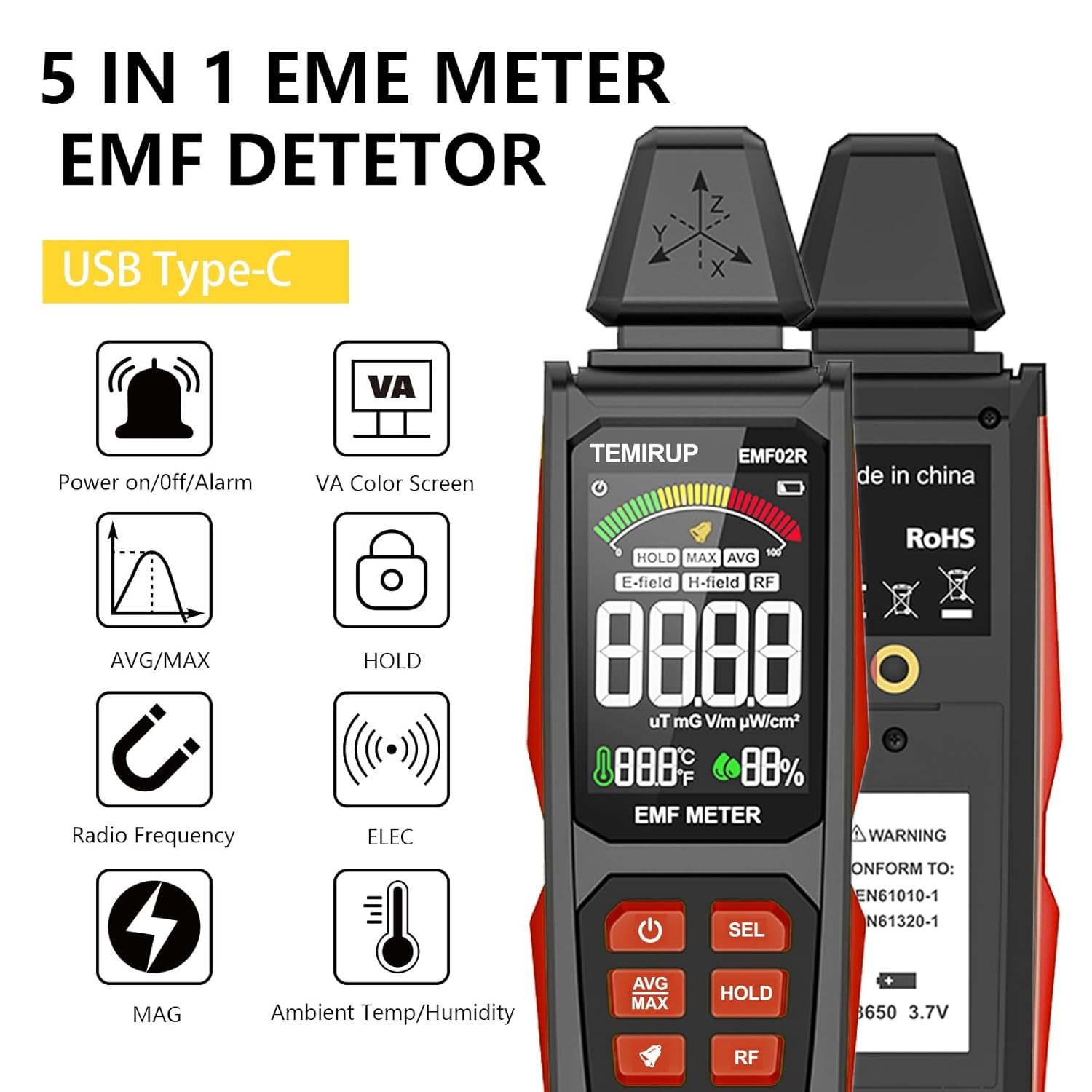 EMF Detector, TEMIRUP 5 in 1 Handheld EMF Meter Radiation Detector, Detects EF,