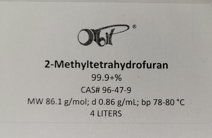 2-METHYL TETRAHYDROFURAN 99.9+% (4+ LITERS) in Amber Glass replaces THF or Et2O