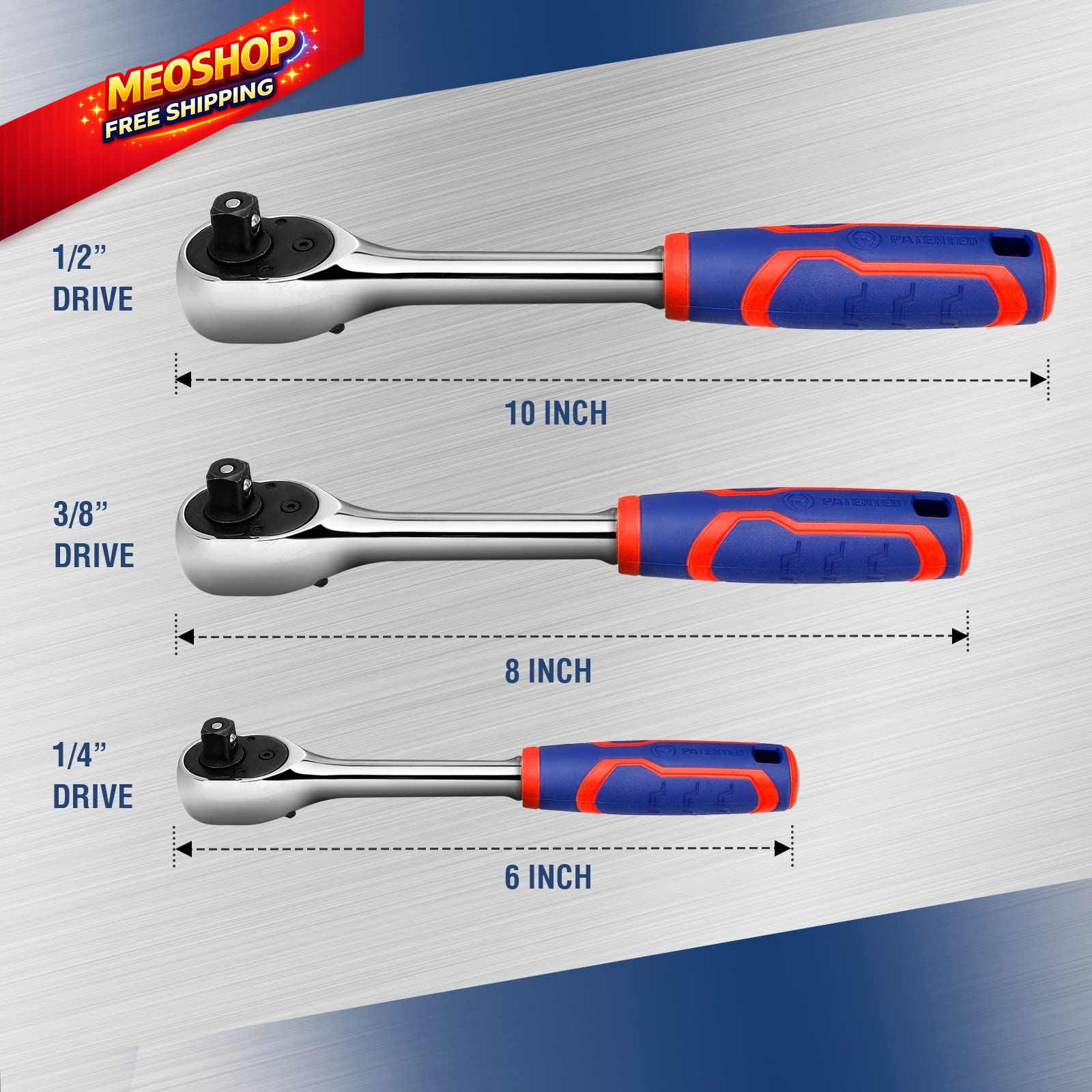 WORKPRO 3-Piece Ratchet Set, 1/4", Set: 3/8", 1/2", Chrome