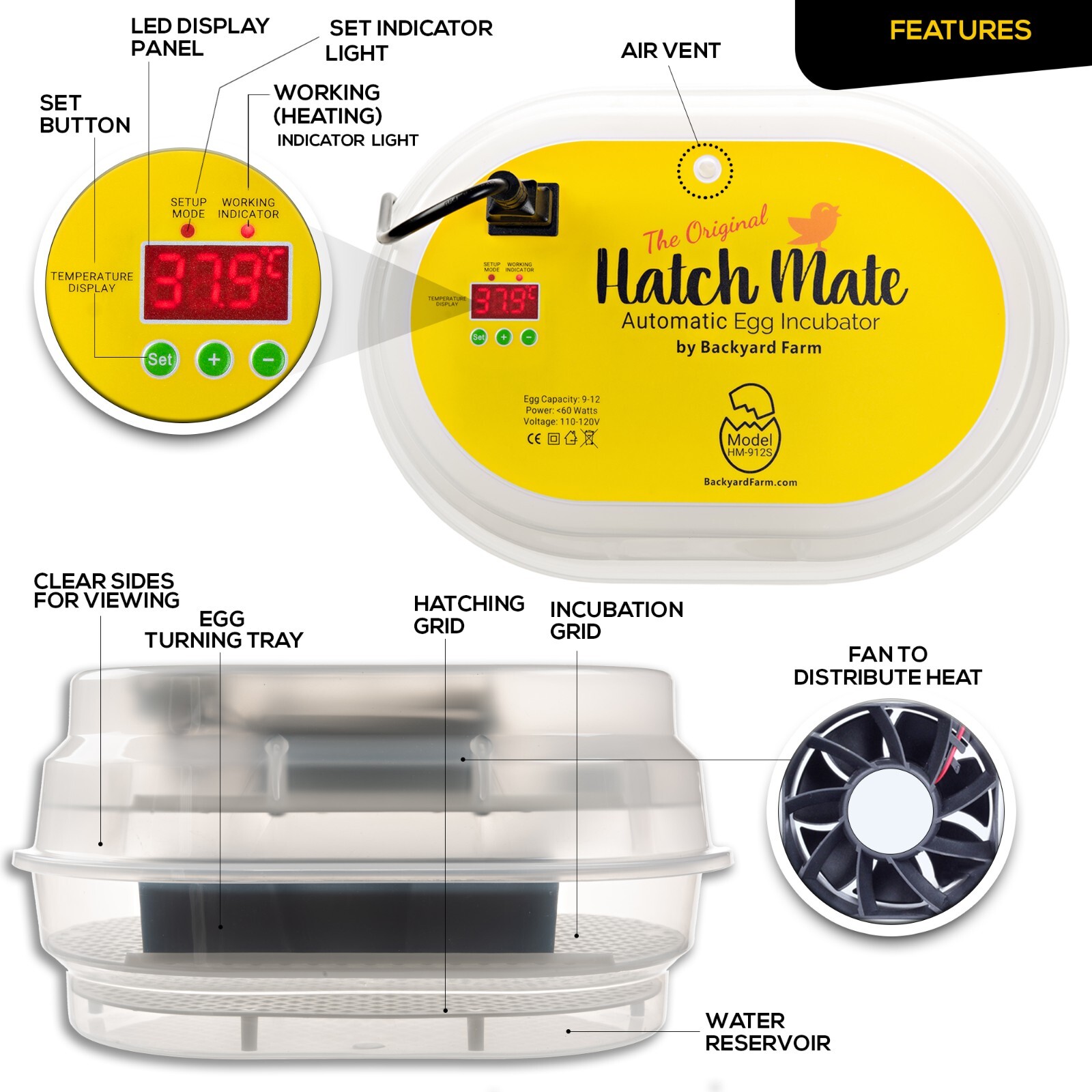 HatchMate™ Automatic Egg Incubator w/ Humidity For 9-12 Eggs Hatch Chicken Quail