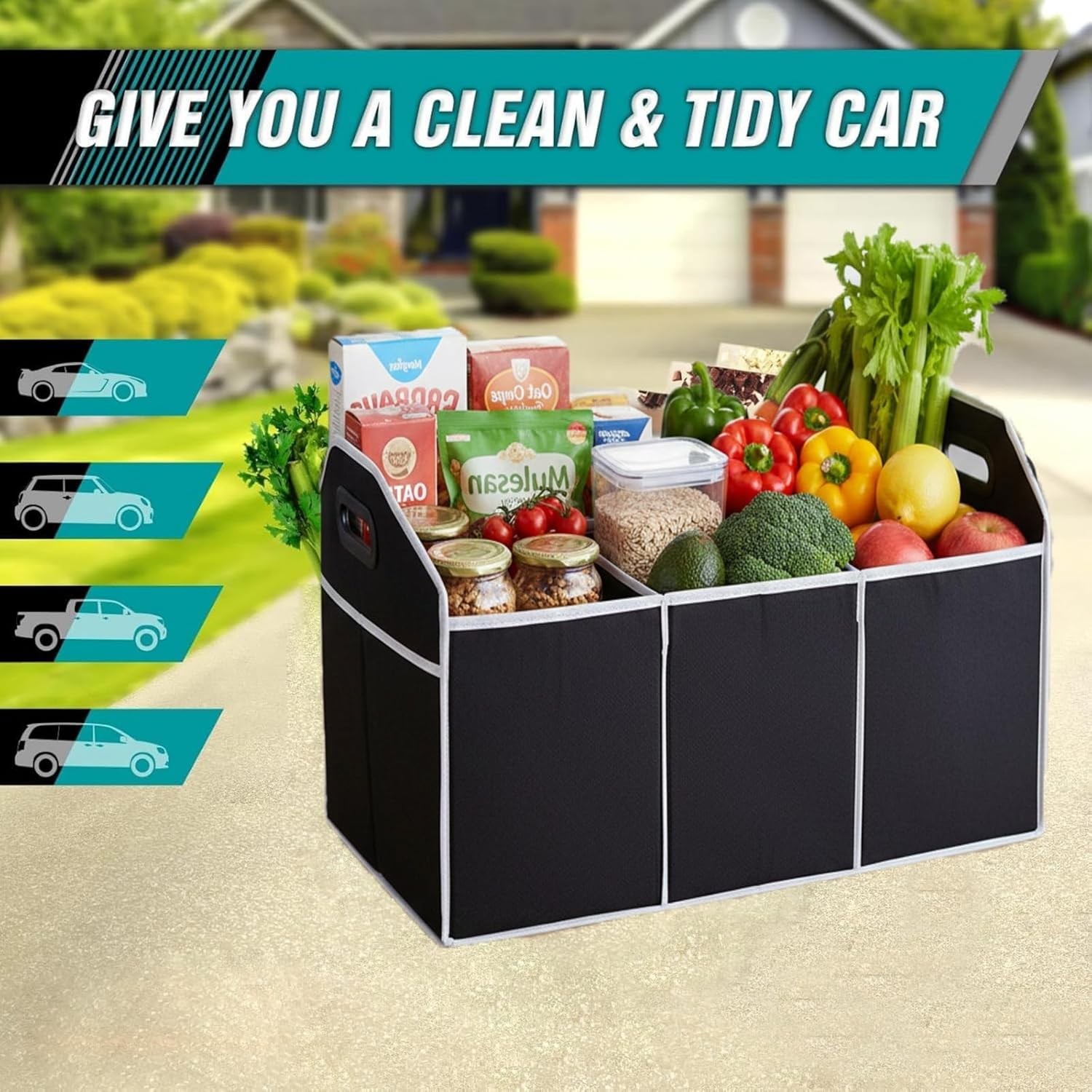 Car Trunk Organizer, Large Storage Bag with 3 Compartments, Portable Collapsible