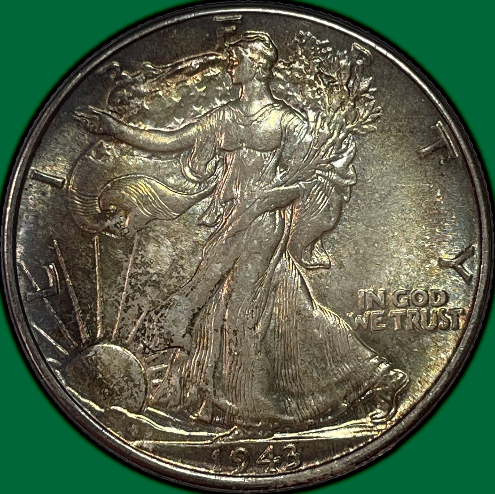 1943 Walking Liberty Half Dollar Brilliant Uncirculated BU Coin, Toning #43809