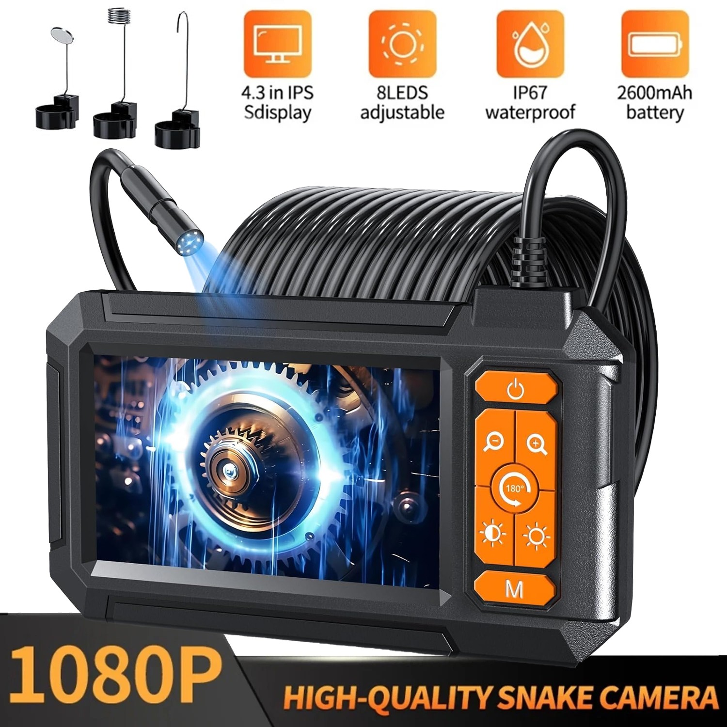 Endoscope Camera with Light, Borescope with 4.3" IPS Screen, Tools for Men(5M),a