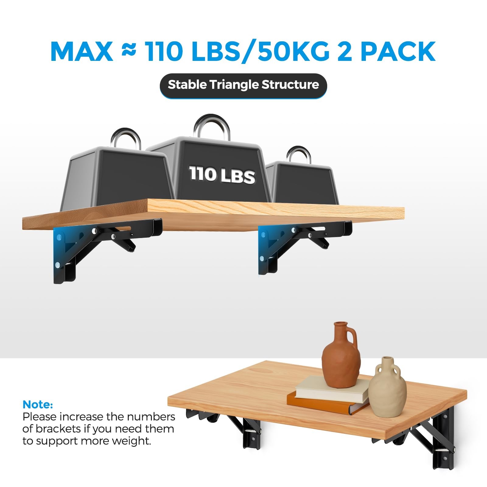6 Inch Folding Shelf Brackets, 2 Pack (1 Pairs) Heavy Duty