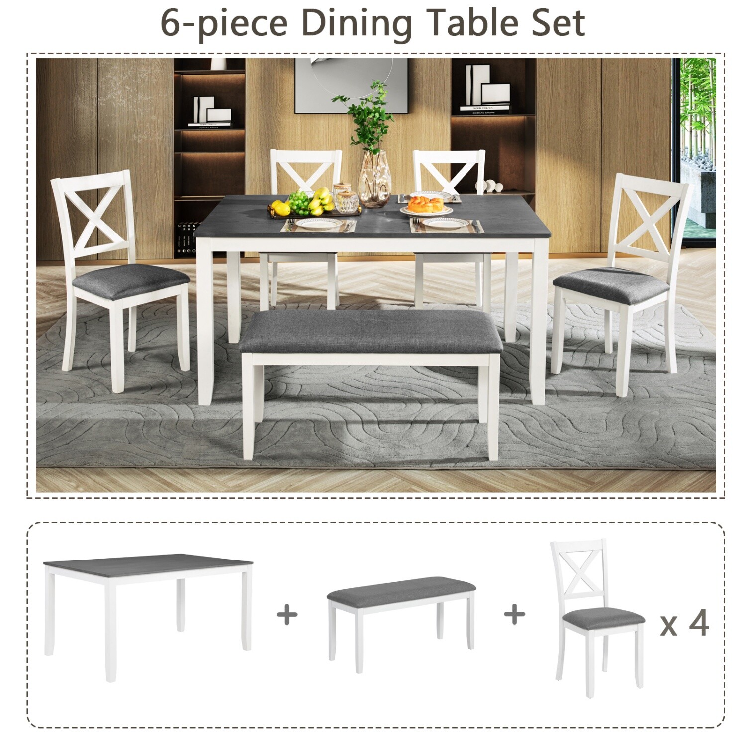 6 Piece Dining Table Set Wooden Dining Table Kitchen Table with 4 Chair & Benchs
